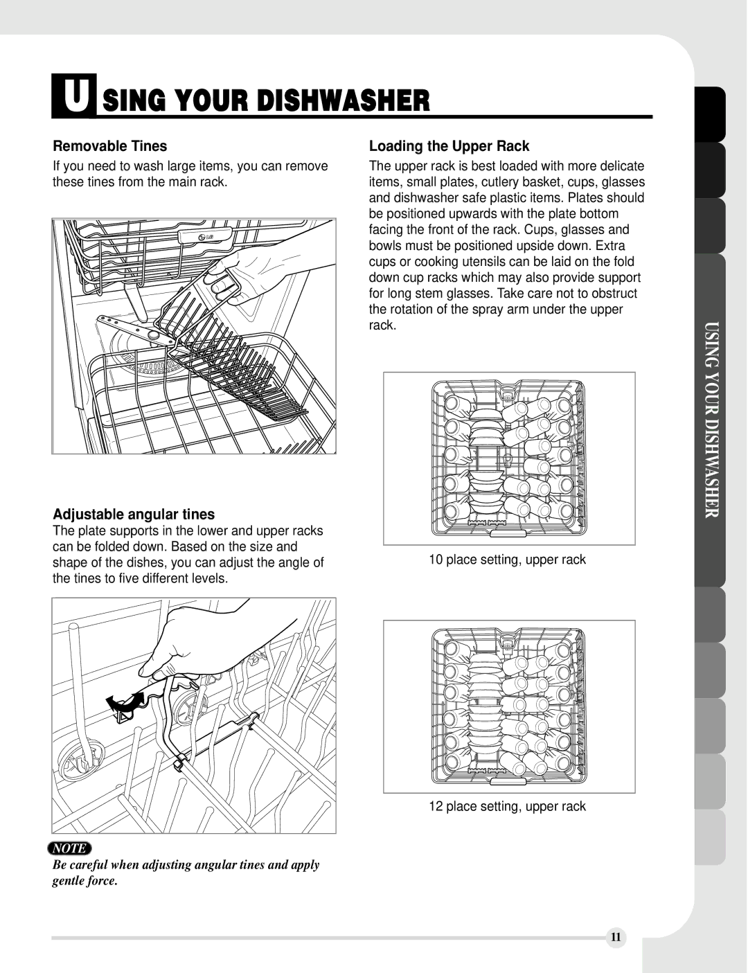 LG Electronics LDS5811BB, LDS5811WW, LDS5811ST manual Removable Tines, Loading the Upper Rack, Adjustable angular tines 