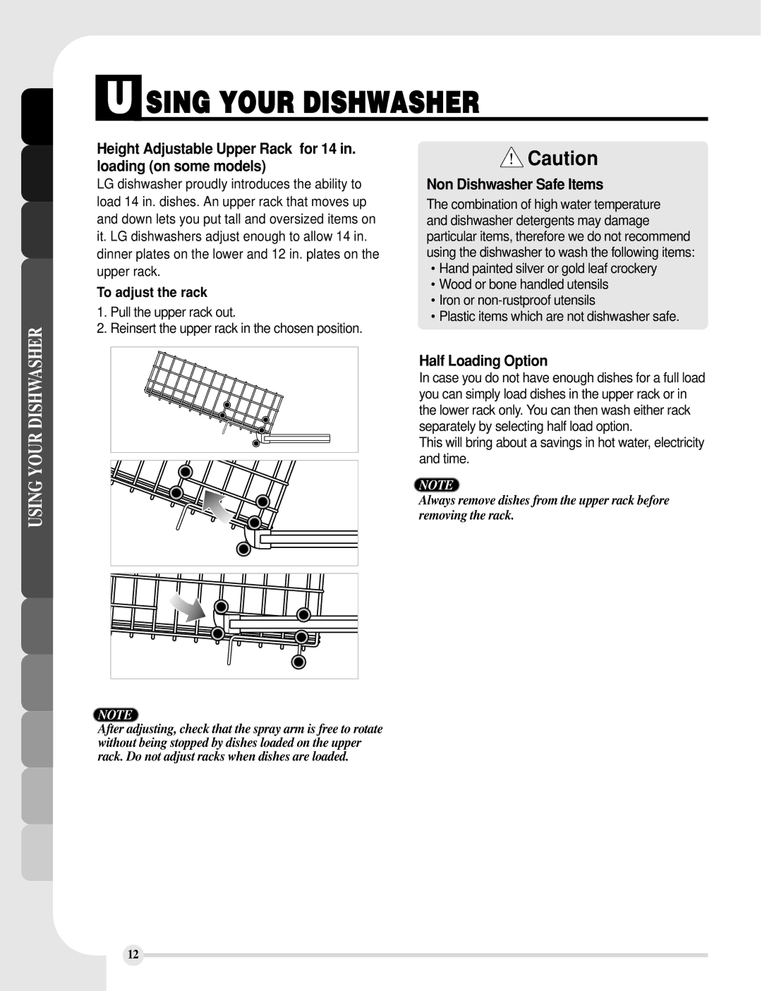 LG Electronics LDS5811WW, LDS5811ST, LDS5811BB manual Non Dishwasher Safe Items, Half Loading Option, To adjust the rack 