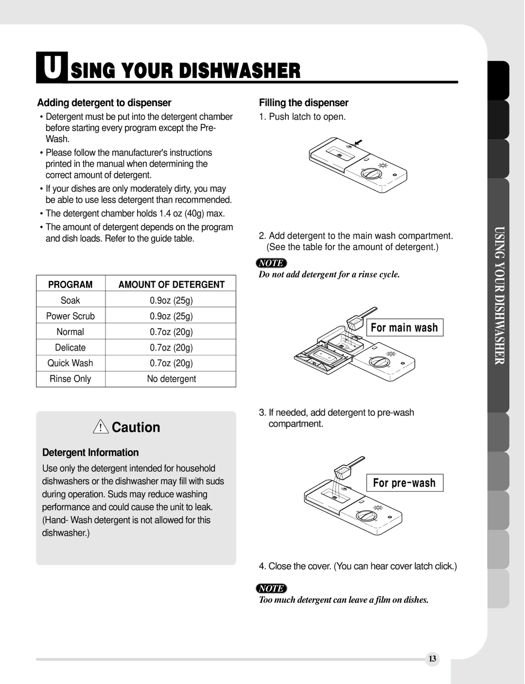 LG Electronics LDS5811ST, LDS5811WW, LDS5811BB Adding detergent to dispenser, Filling the dispenser, Detergent Information 