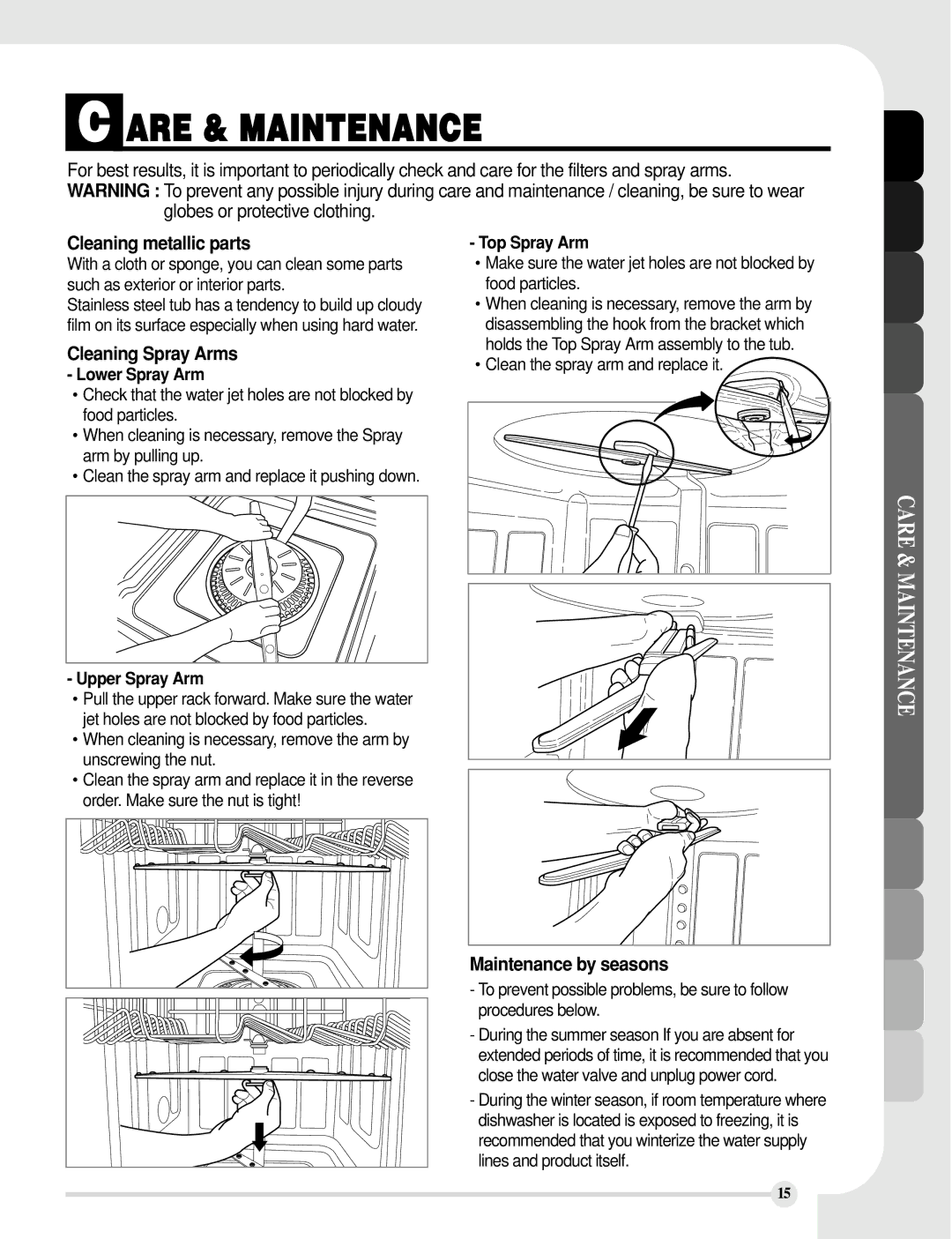 LG Electronics LDS5811WW, LDS5811ST Are & Maintenance, Cleaning metallic parts, Cleaning Spray Arms, Care & Maintenance 