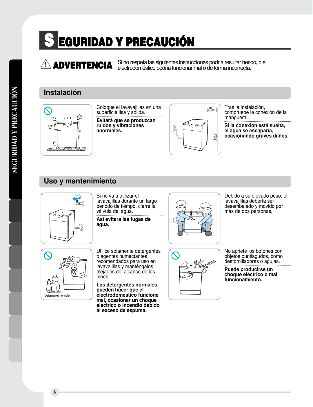 LG Electronics LDS5811BB, LDS5811WW Evitará que se produzcan ruidos y vibraciones anormales, Así evitará las fugas de agua 