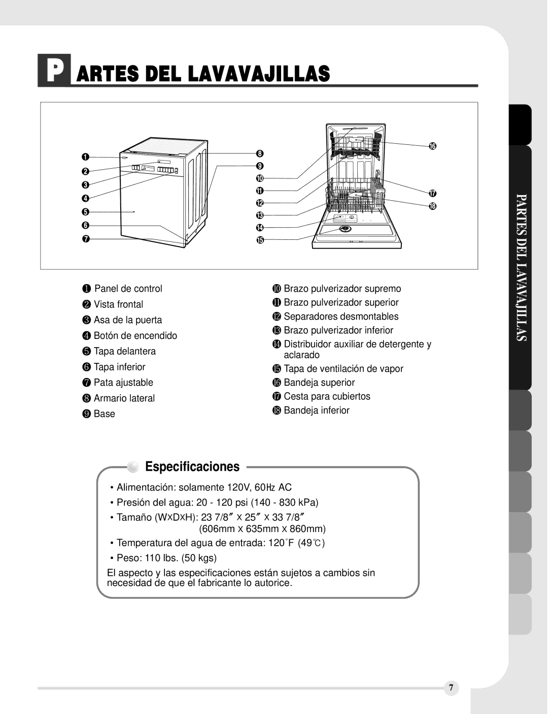 LG Electronics LDS5811WW, LDS5811ST, LDS5811BB manual Artes DEL Lavavajillas, Especificaciones, Partes DEL Lavavajillas 