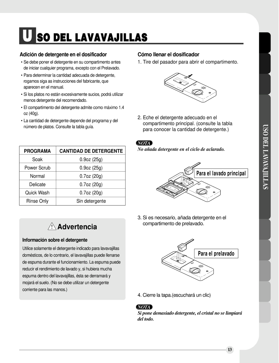 LG Electronics LDS5811WW, LDS5811ST, LDS5811BB manual Adición de detergente en el dosificador, Cómo llenar el dosificador 