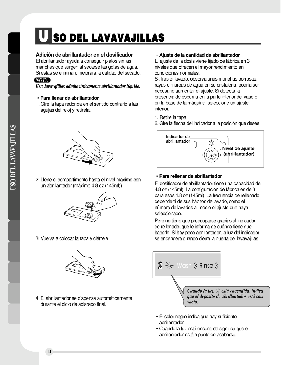 LG Electronics LDS5811ST, LDS5811WW, LDS5811BB Adición de abrillantador en el dosificador, Para llenar de abrillantador 