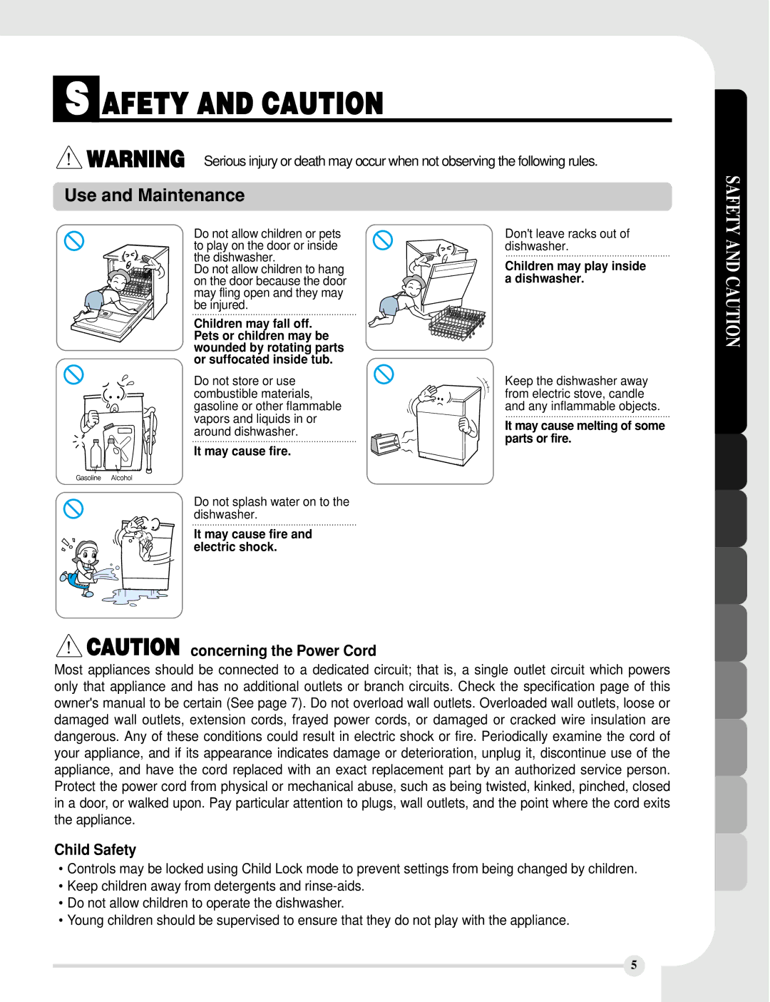 LG Electronics LDS5811BB Child Safety, It may cause fire and electric shock, Children may play inside a dishwasher 