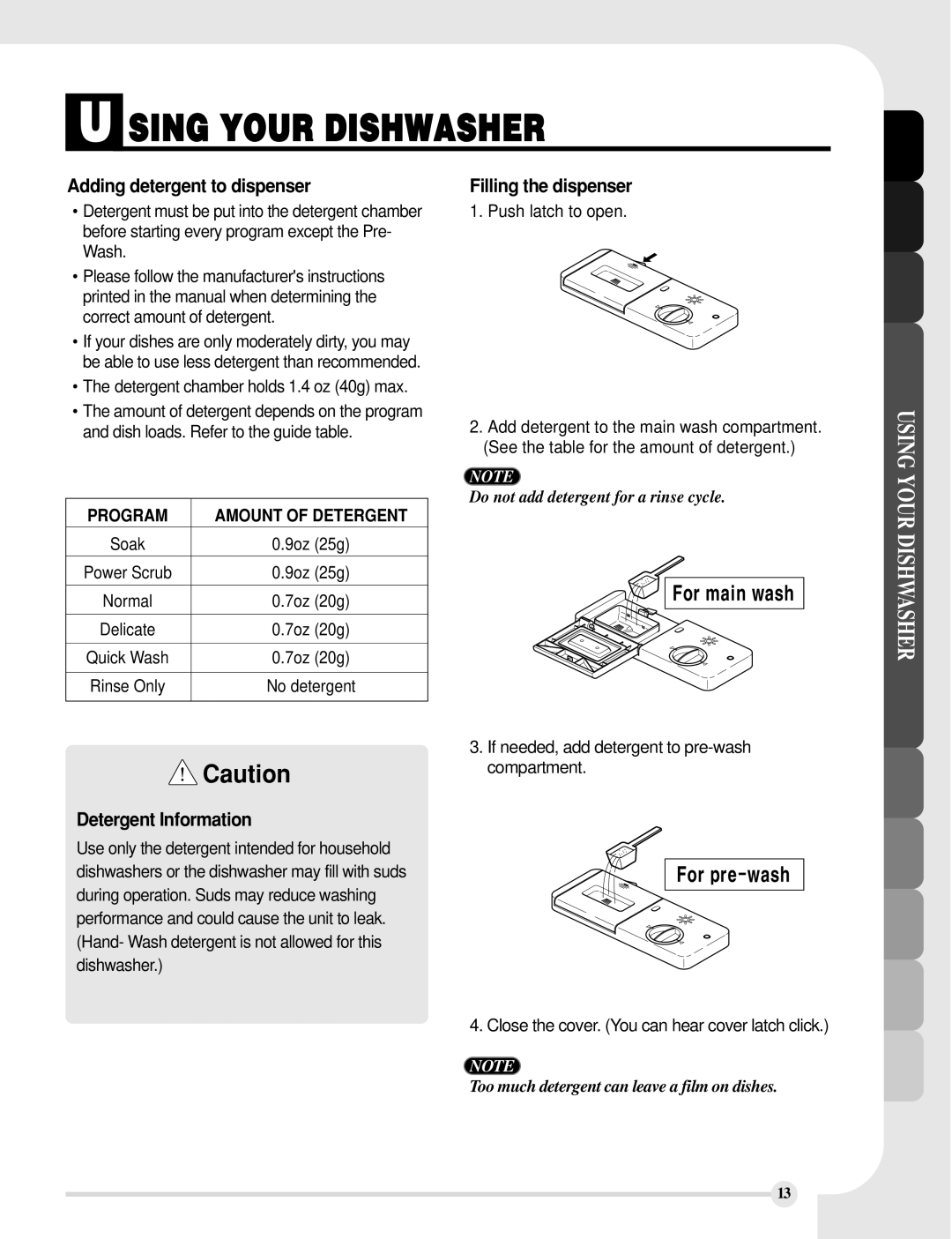LG Electronics LDS5811ST manual For main wash, For pre-wash, Adding detergent to dispenser, Filling the dispenser, Program 