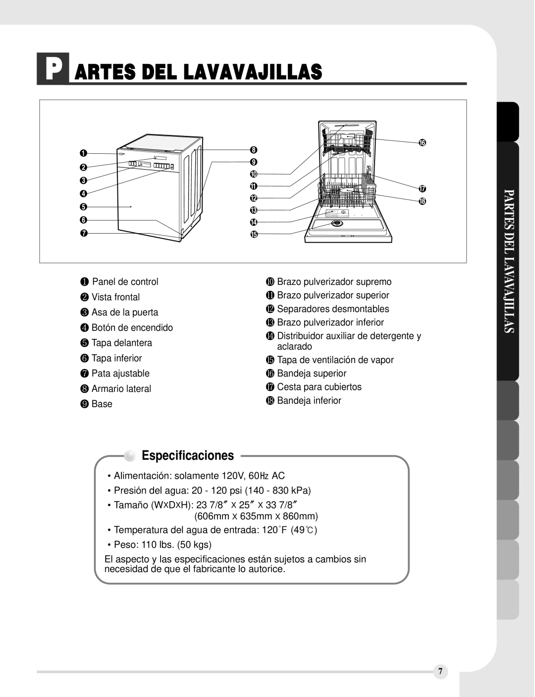LG Electronics LDS5811WW, LDS5811ST, LDS5811BB manual P Artes Del Lavavajillas, Especificaciones, Partes Del Lavavajillas 