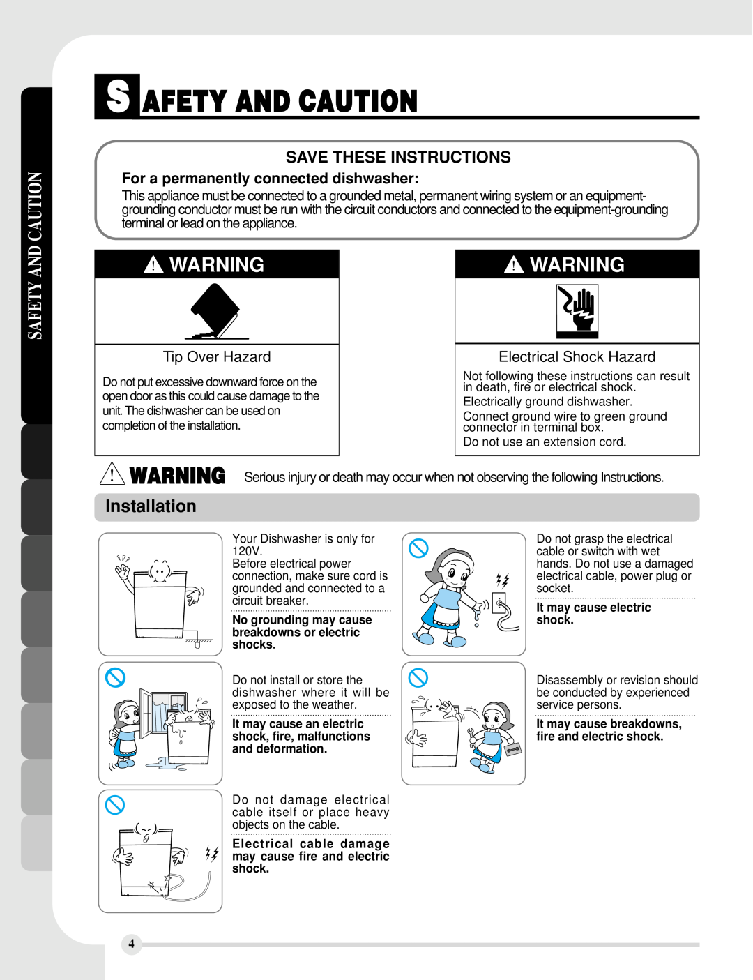 LG Electronics LDS5811ST manual Installation, Save These Instructions, For a permanently connected dishwasher, Safety And 