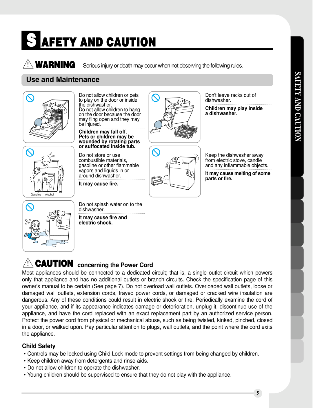 LG Electronics LDS5811BB manual Use and Maintenance, CAUTION concerning the Power Cord, Child Safety, S Afety And Caution 
