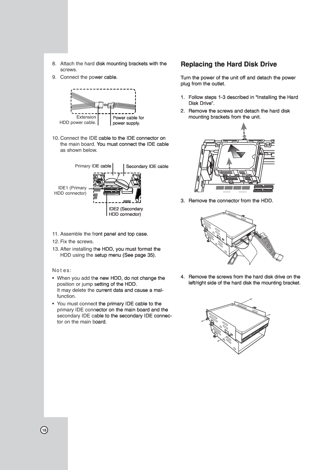 LG Electronics LDV-S504, LDV-S503 owner manual Replacing the Hard Disk Drive, Power cable for 