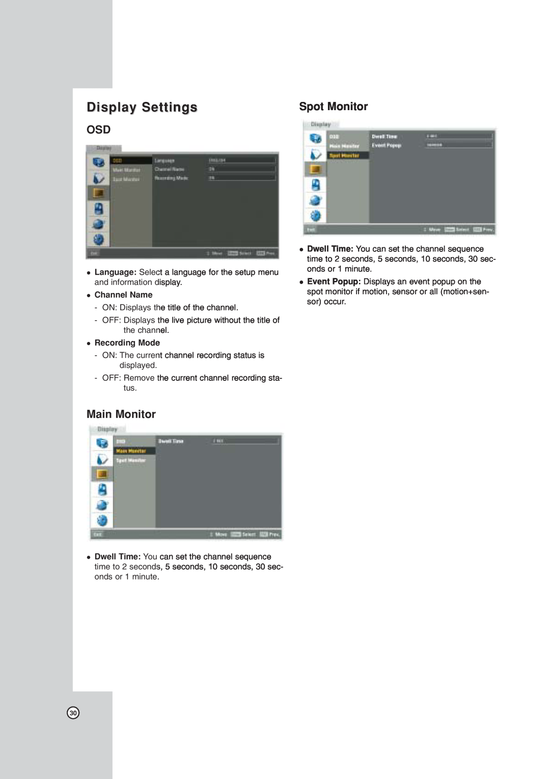 LG Electronics LDV-S504, LDV-S503 Display Settings, Spot Monitor, Main Monitor, z Channel Name, z Recording Mode 