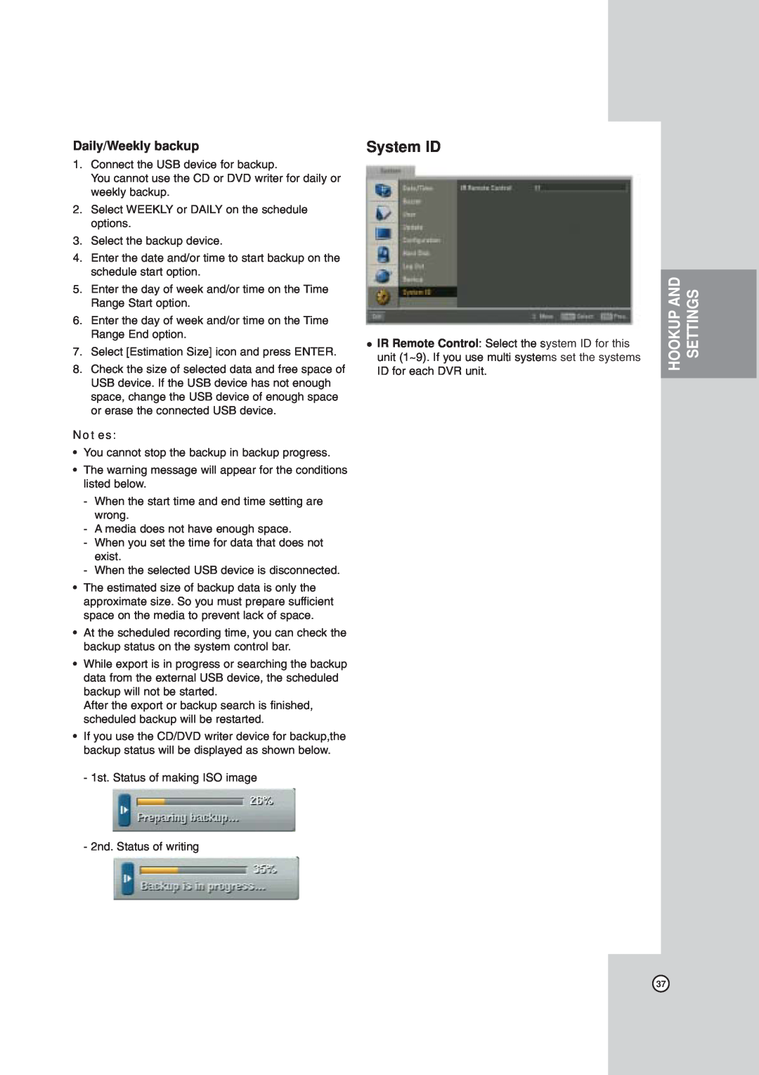 LG Electronics LDV-S503, LDV-S504 owner manual System ID, Daily/Weekly backup, Hookup And Settings 