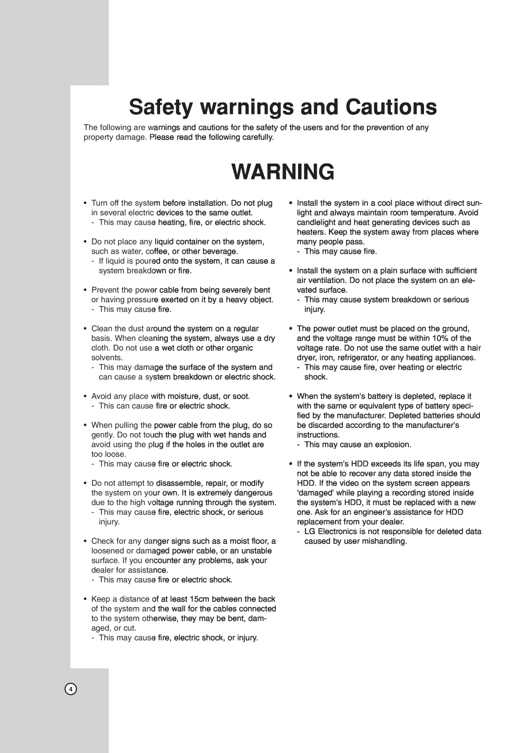 LG Electronics LDV-S504, LDV-S503 owner manual Safety warnings and Cautions 