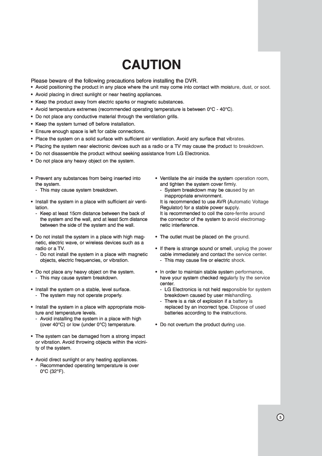 LG Electronics LDV-S503, LDV-S504 owner manual Please beware of the following precautions before installing the DVR 