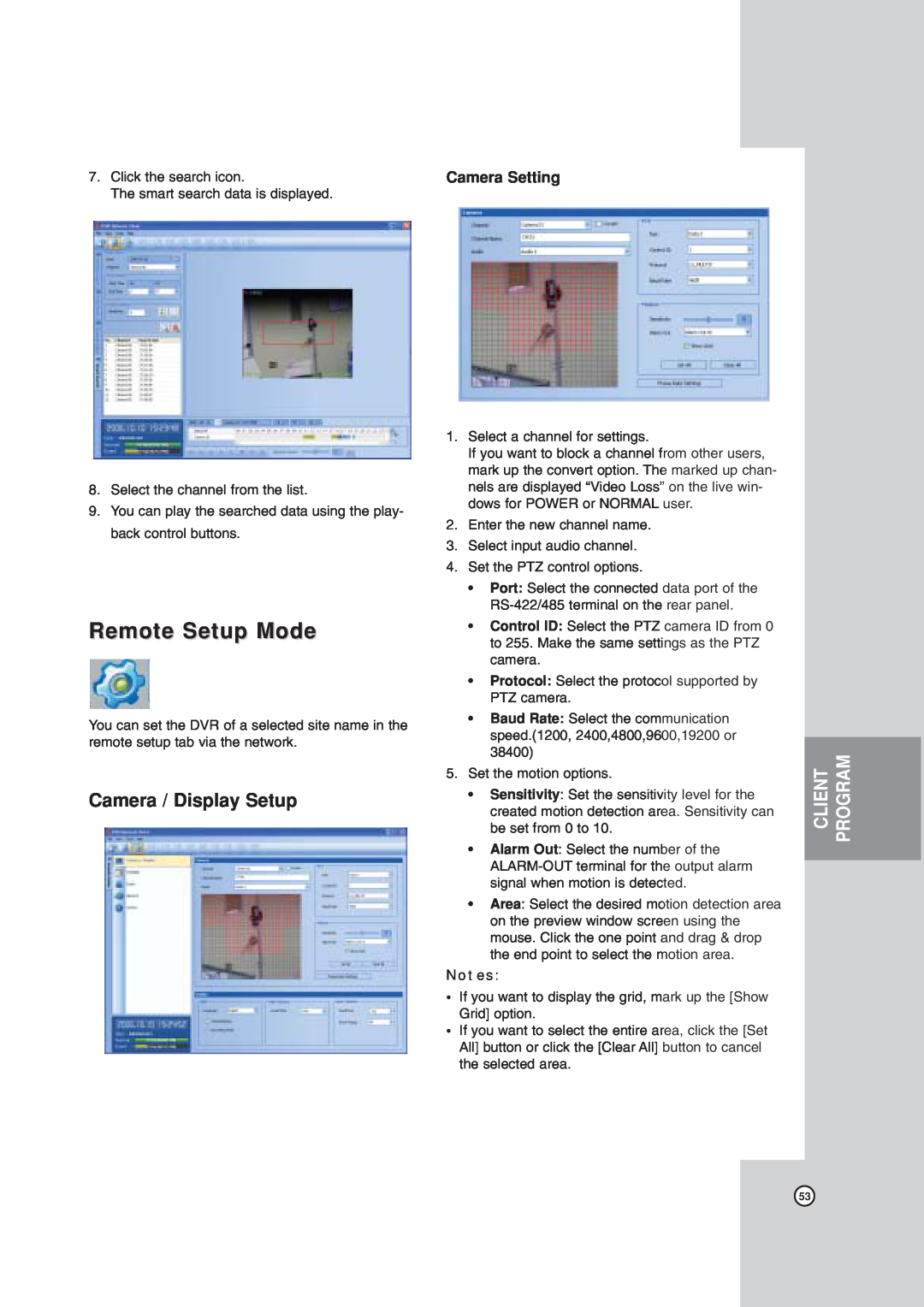 LG Electronics LDV-S503, LDV-S504 owner manual Remote Setup Mode, Camera / Display Setup, Camera Setting, Client, Program 