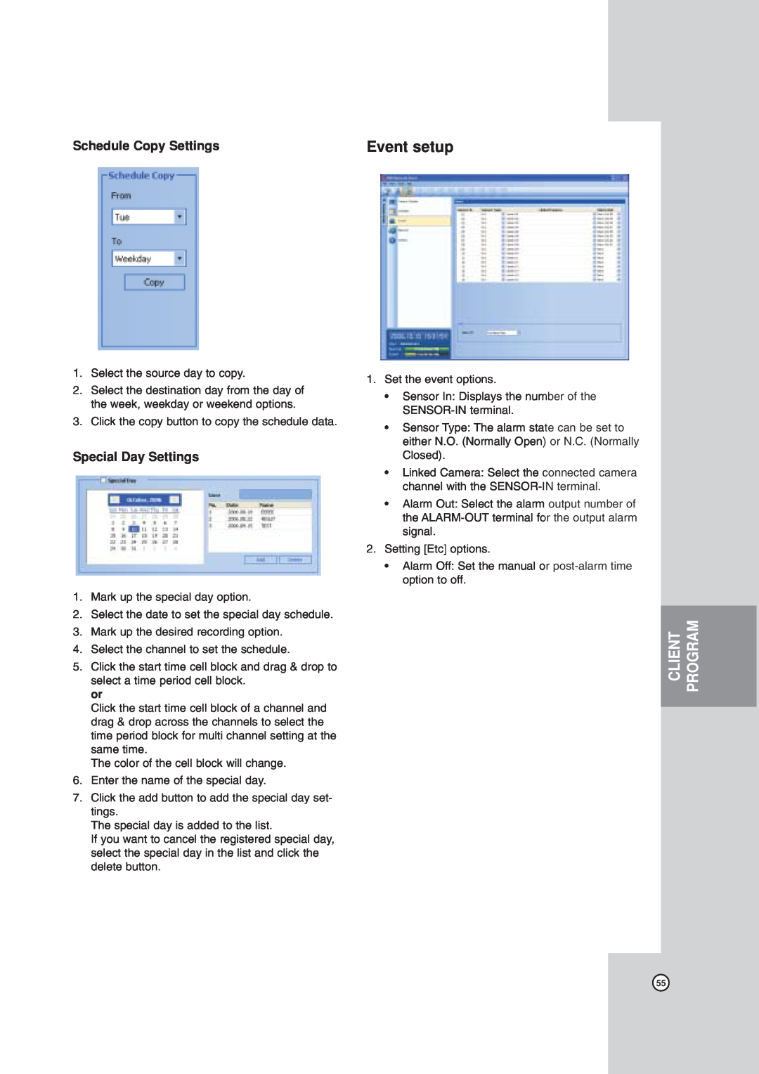 LG Electronics LDV-S503, LDV-S504 owner manual Event setup, Schedule Copy Settings, Special Day Settings, Client, Program 