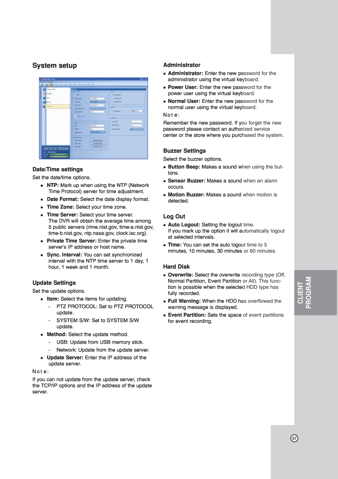 LG Electronics LDV-S503 System setup, Date/Time settings, Update Settings, Administrator, Buzzer Settings, Log Out, Client 