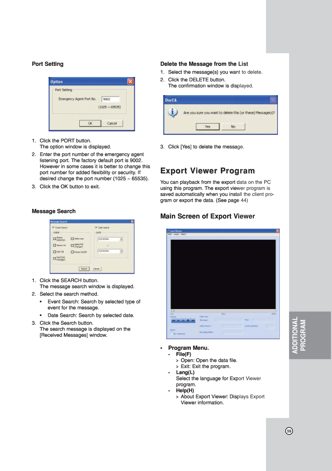 LG Electronics LDV-S503 Export Viewer Program, Main Screen of Export Viewer, Port Setting, Message Search, Program Menu 