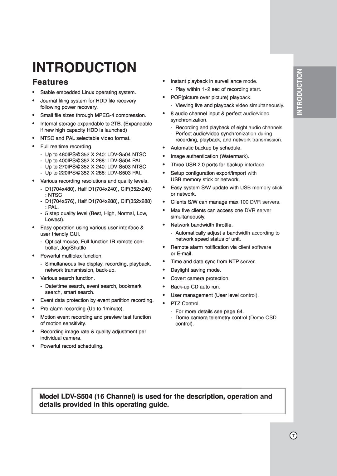LG Electronics LDV-S503, LDV-S504 owner manual Introduction, Features 