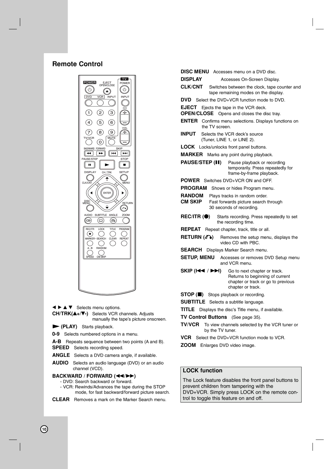 LG Electronics LDX-514 owner manual Remote Control, Lock function, Backward / Forward m/M 