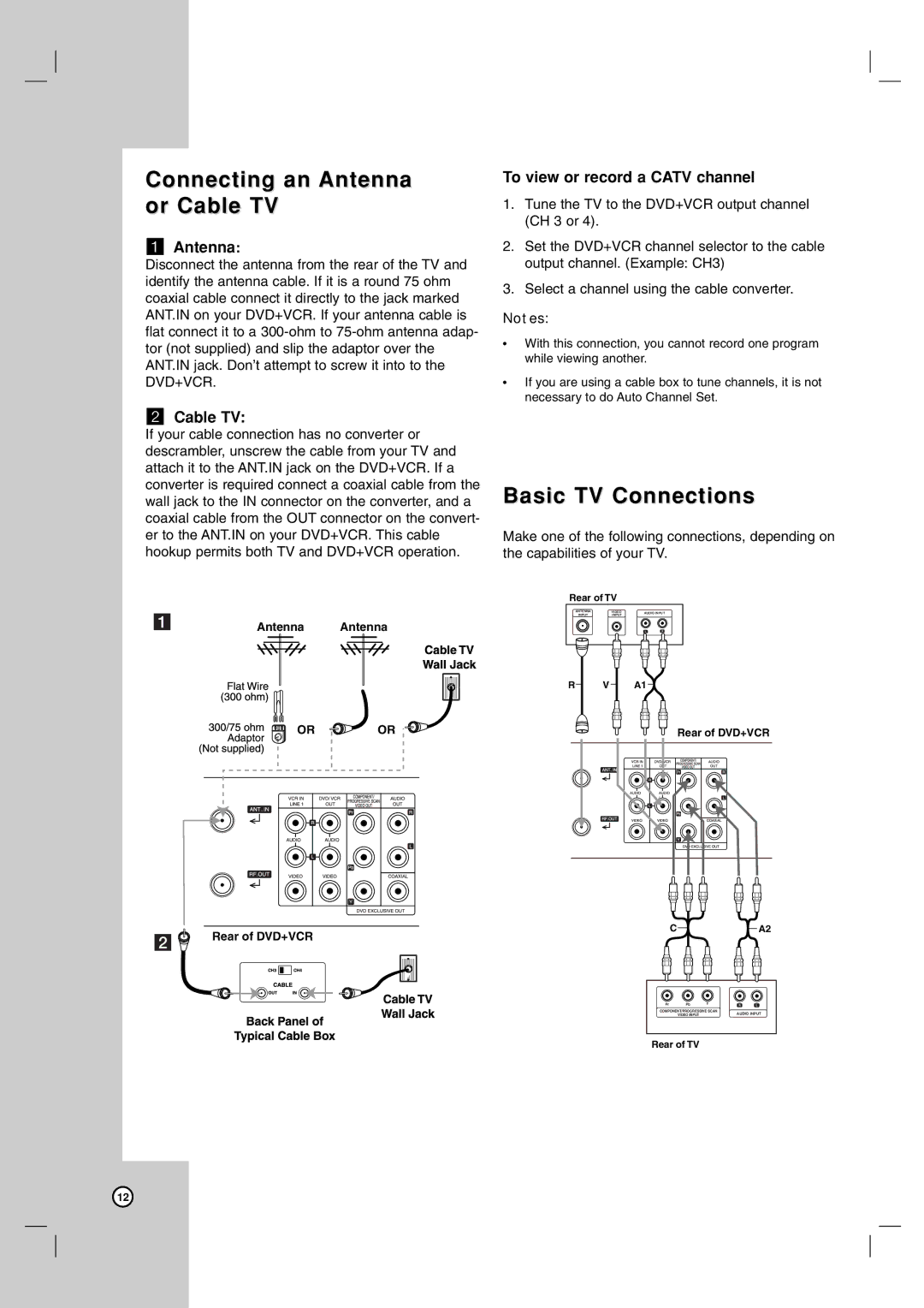 LG Electronics LDX-514 Connecting an Antenna or Cable TV, Basic TV Connections, To view or record a Catv channel 