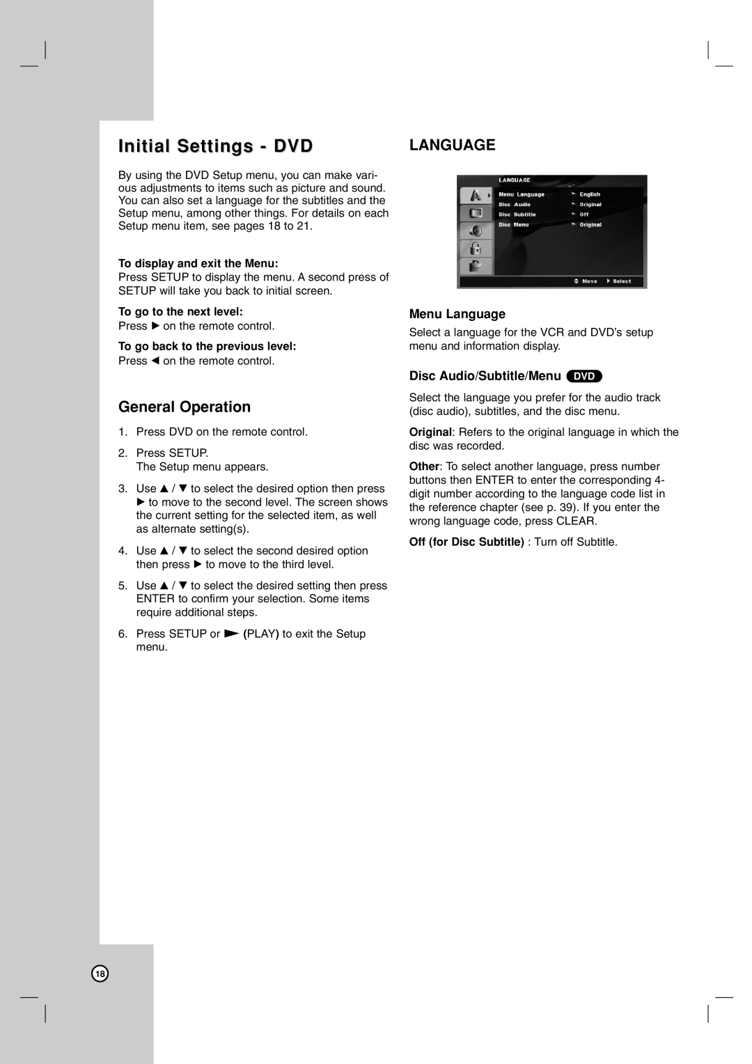 LG Electronics LDX-514 owner manual Initial Settings DVD, Menu Language, Disc Audio/Subtitle/Menu DVD 