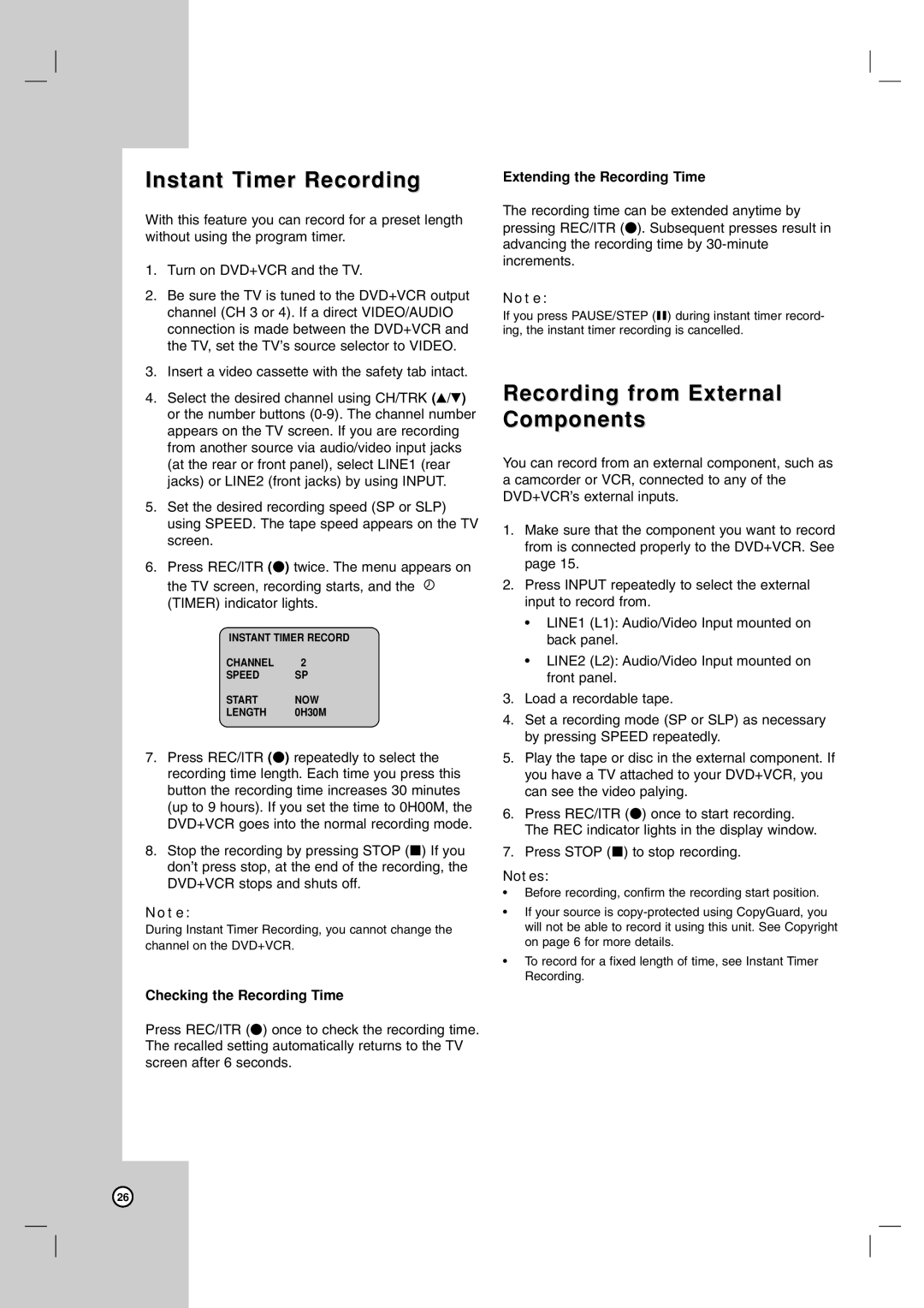 LG Electronics LDX-514 Instant Timer Recording, Recording from External Components, Checking the Recording Time 