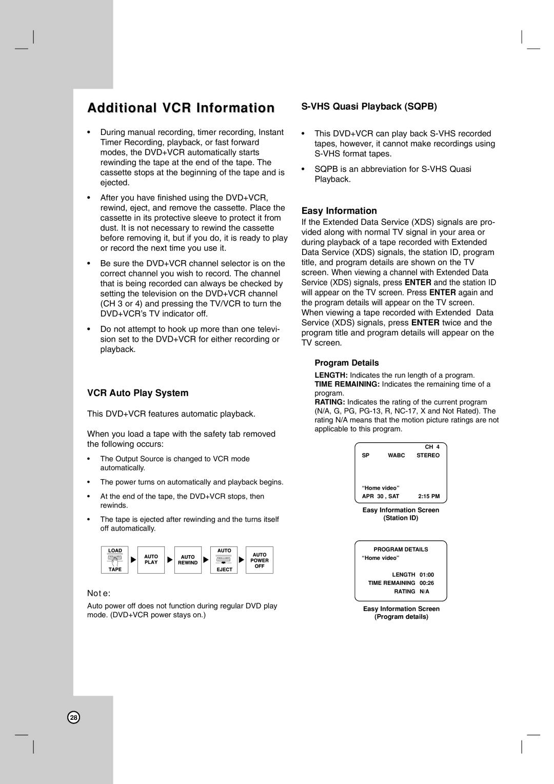 LG Electronics LDX-514 Additional VCR Information, VCR Auto Play System, VHS Quasi Playback Sqpb, Easy Information 