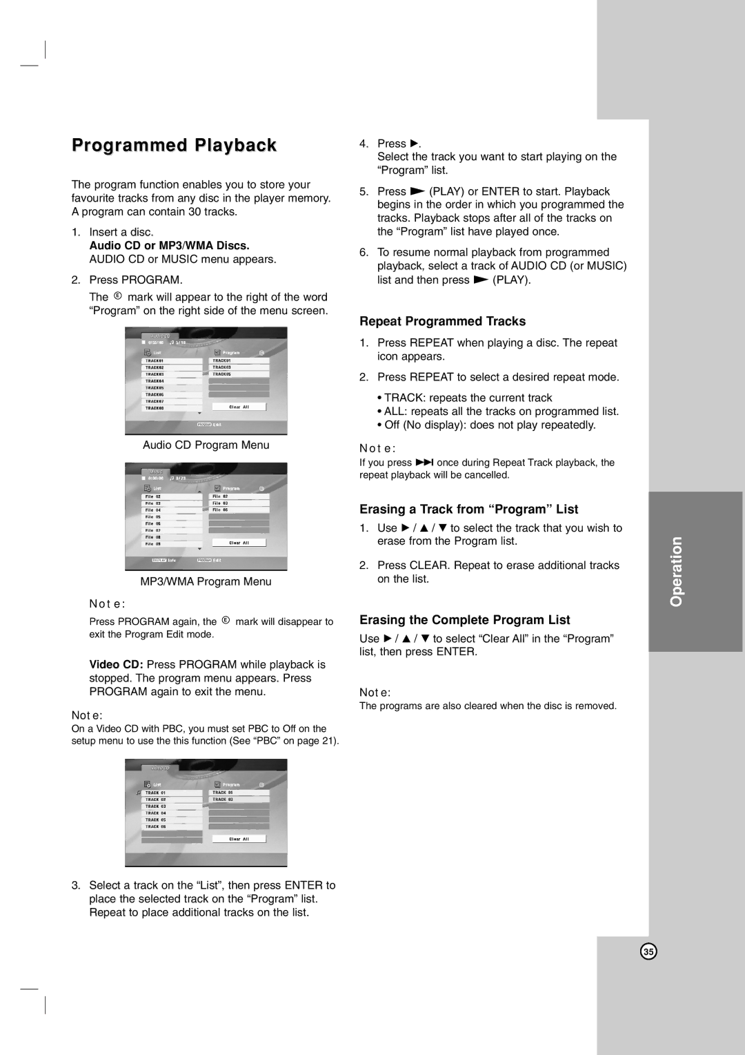 LG Electronics LDX-514 owner manual Programmed Playback, Repeat Programmed Tracks, Erasing a Track from Program List 