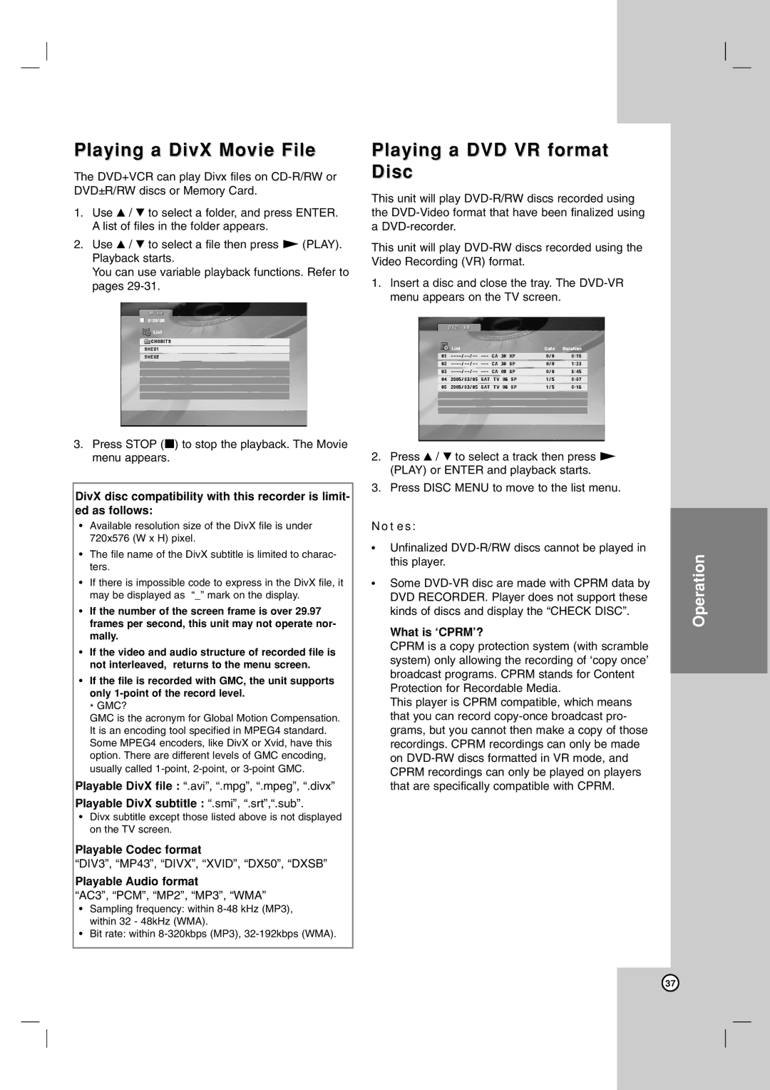 LG Electronics LDX-514 owner manual Playing a DivX Movie File, Playing a DVD VR format Disc 