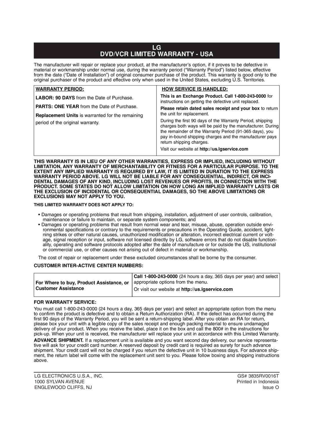 LG Electronics LDX-514 Warranty Period HOW Service is Handled, Customer INTER-ACTIVE Center Numbers, For Warranty Service 