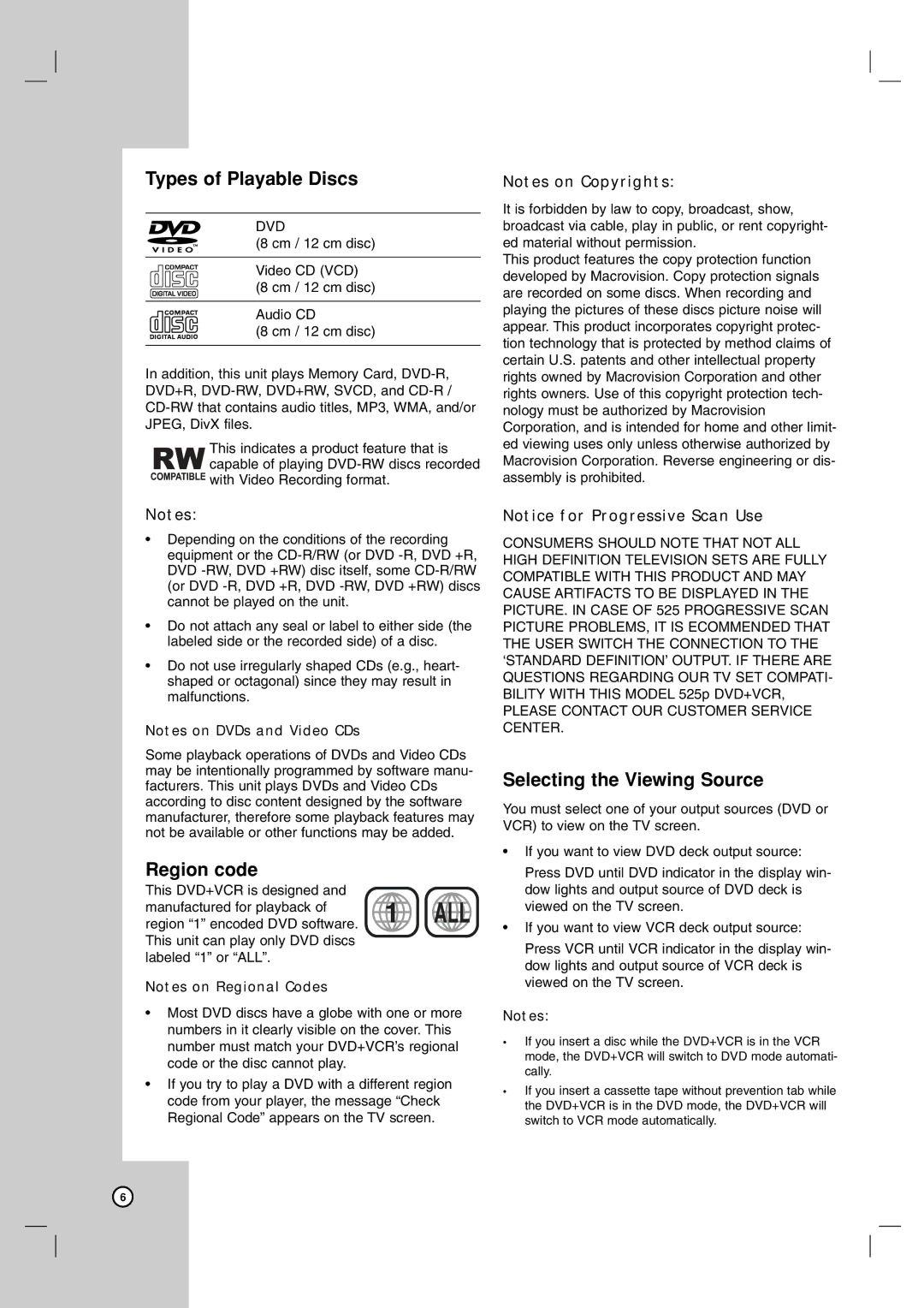 LG Electronics LDX-514 owner manual Types of Playable Discs, Region code, Selecting the Viewing Source 