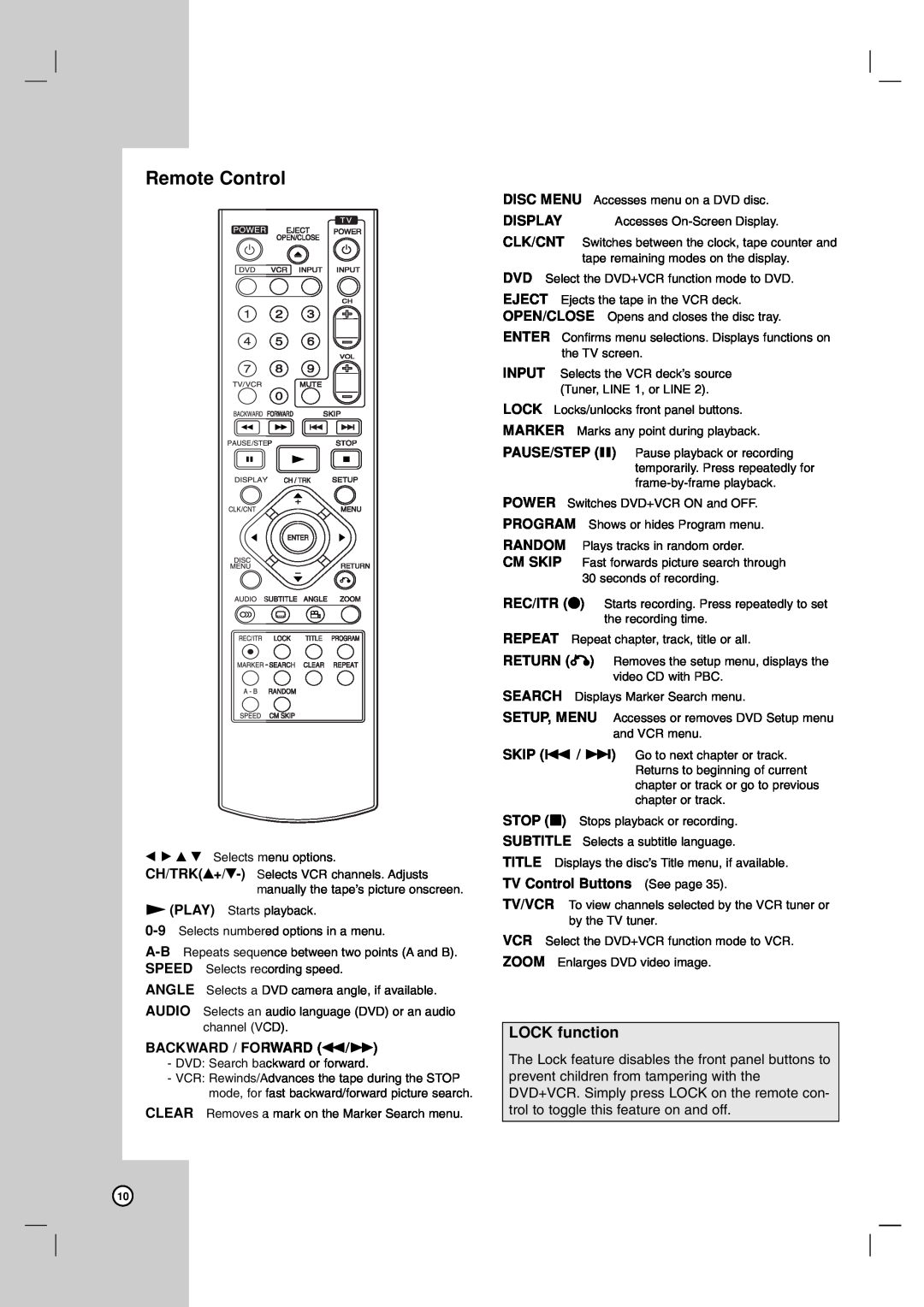LG Electronics LDX-514 owner manual Remote Control, LOCK function 
