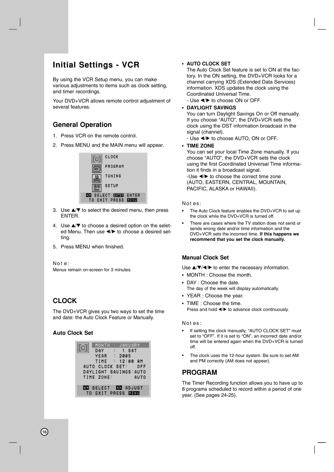 LG Electronics LDX-514 Initial Settings - VCR, General Operation, Program, Auto Clock Set, Manual Clock Set 