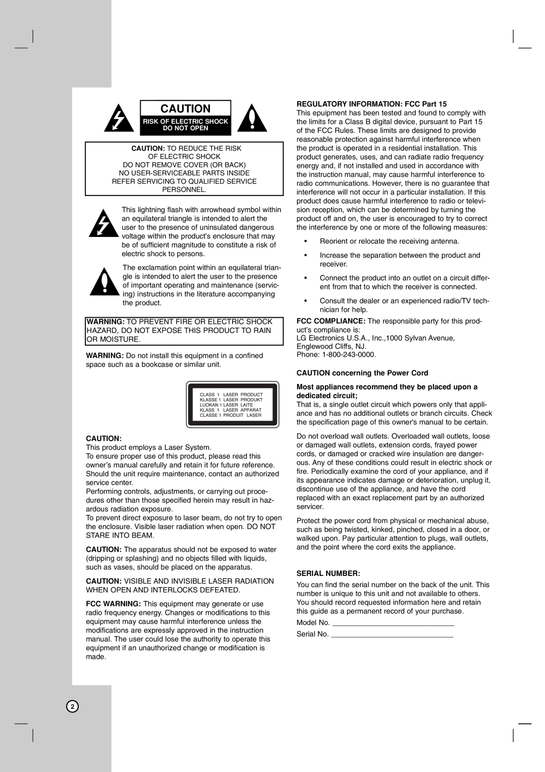 LG Electronics LDX-514 owner manual REGULATORY INFORMATION FCC Part, CAUTION concerning the Power Cord, Serial Number 