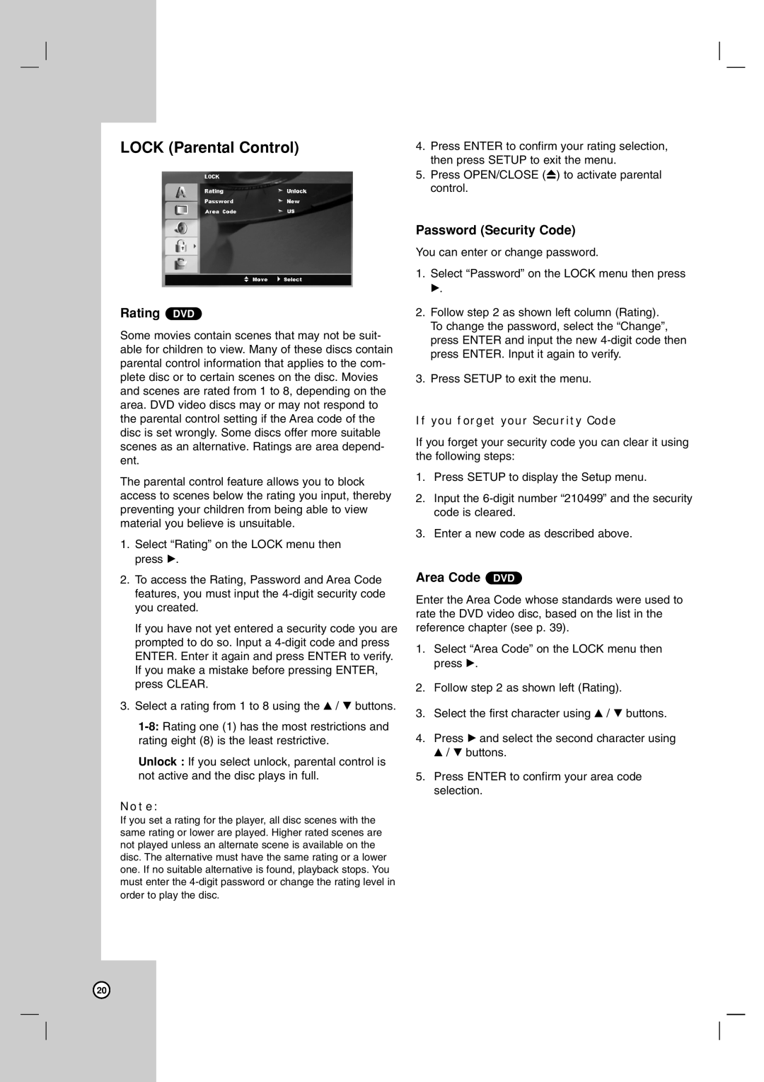 LG Electronics LDX-514 owner manual LOCK Parental Control, Rating DVD, Password Security Code, Area Code DVD 