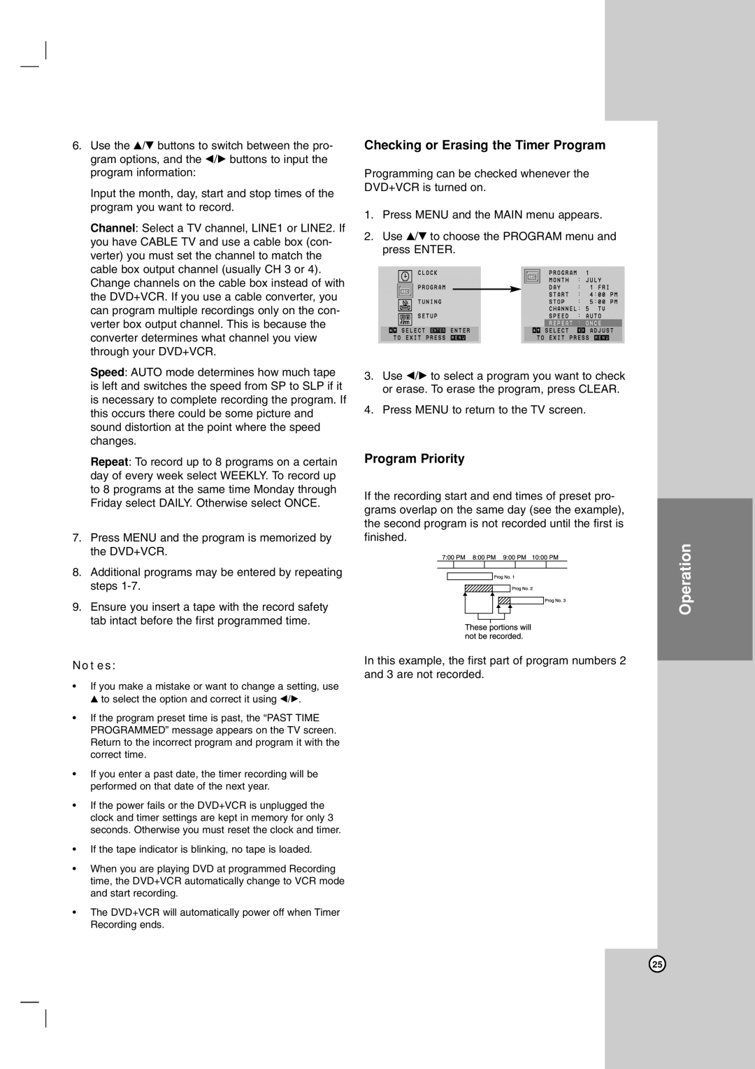 LG Electronics LDX-514 owner manual Checking or Erasing the Timer Program, Program Priority, Operation 