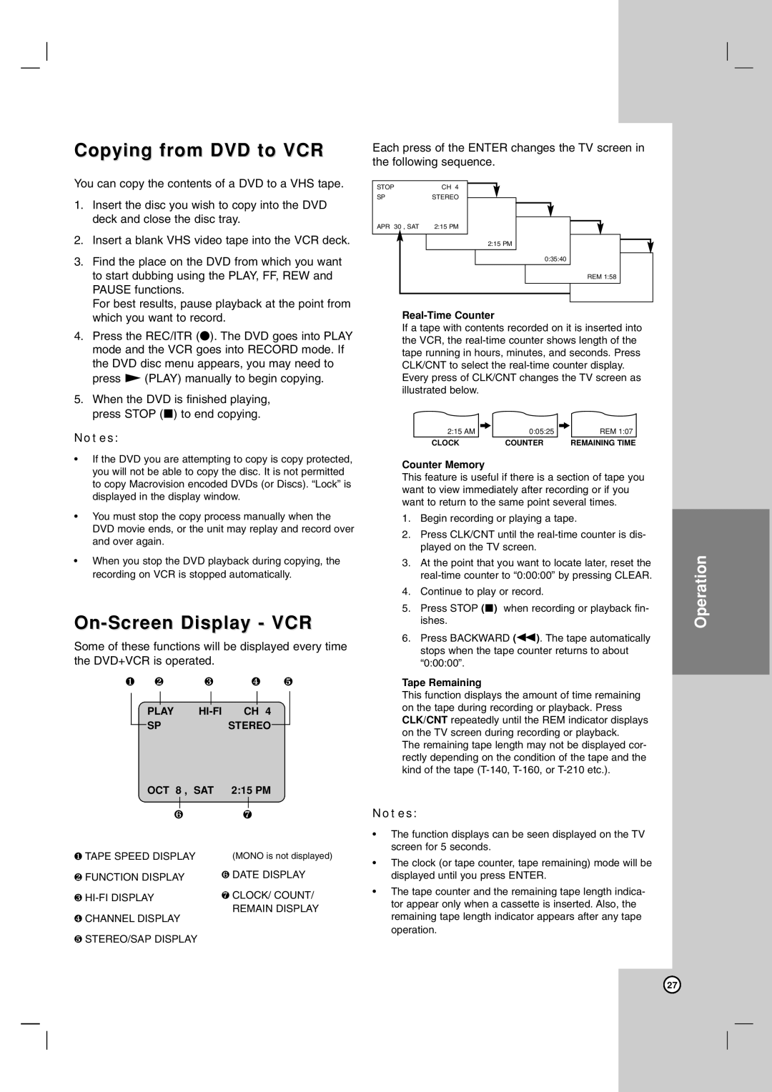 LG Electronics LDX-514 owner manual Copying from DVD to VCR, On-Screen Display - VCR, Operation 