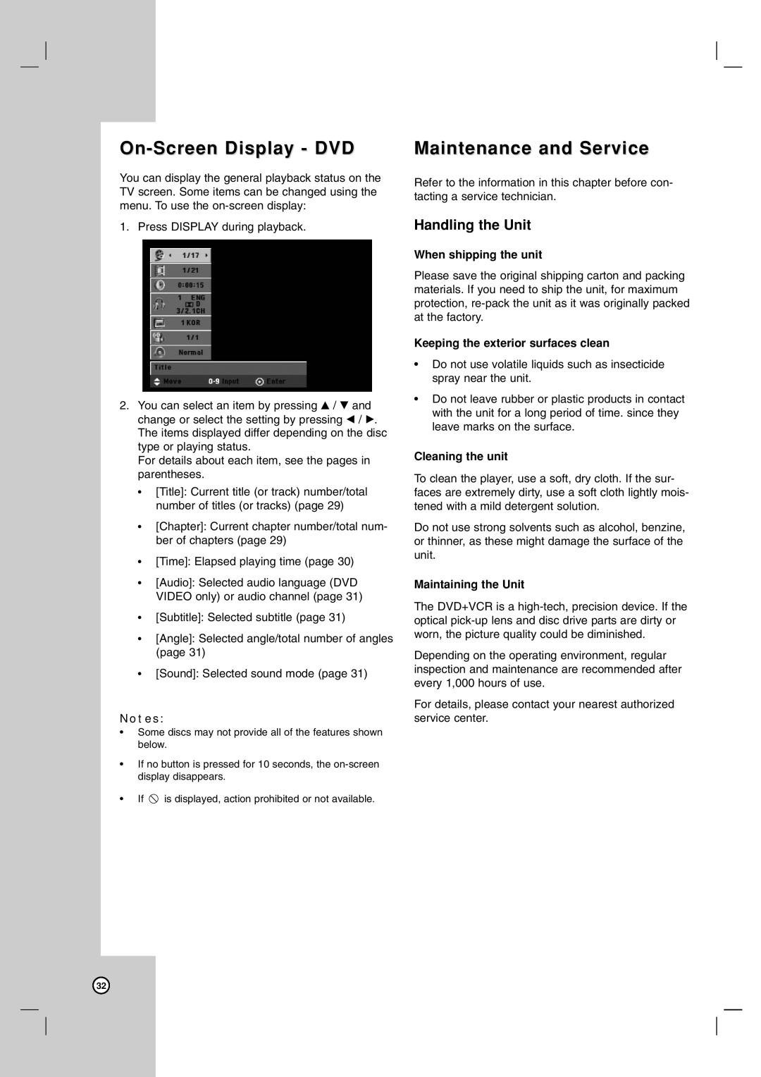 LG Electronics LDX-514 owner manual On-Screen Display - DVD, Maintenance and Service, Handling the Unit 