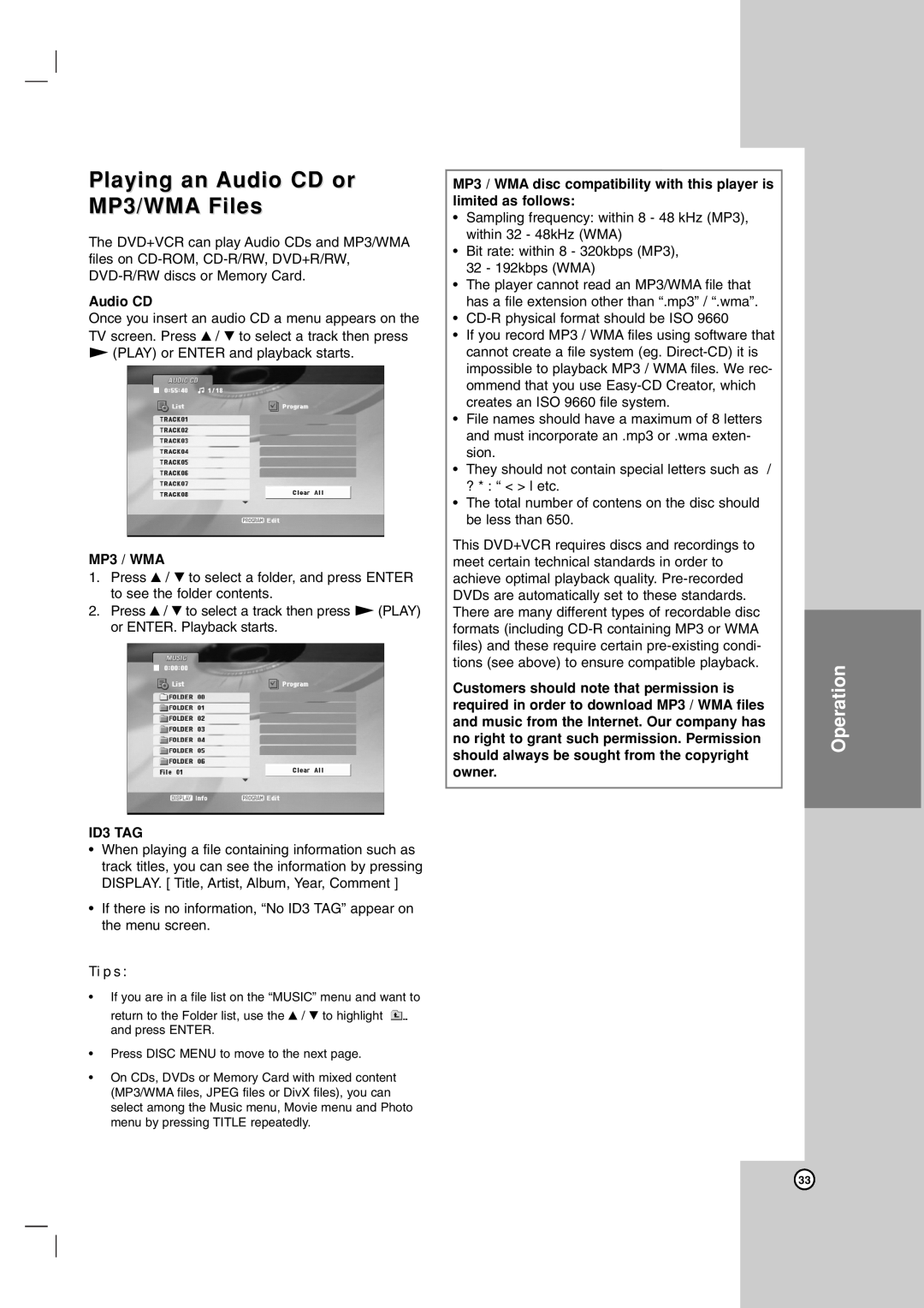 LG Electronics LDX-514 owner manual Playing an Audio CD or MP3/WMA Files, Operation, MP3 / WMA, ID3 TAG, Tips 
