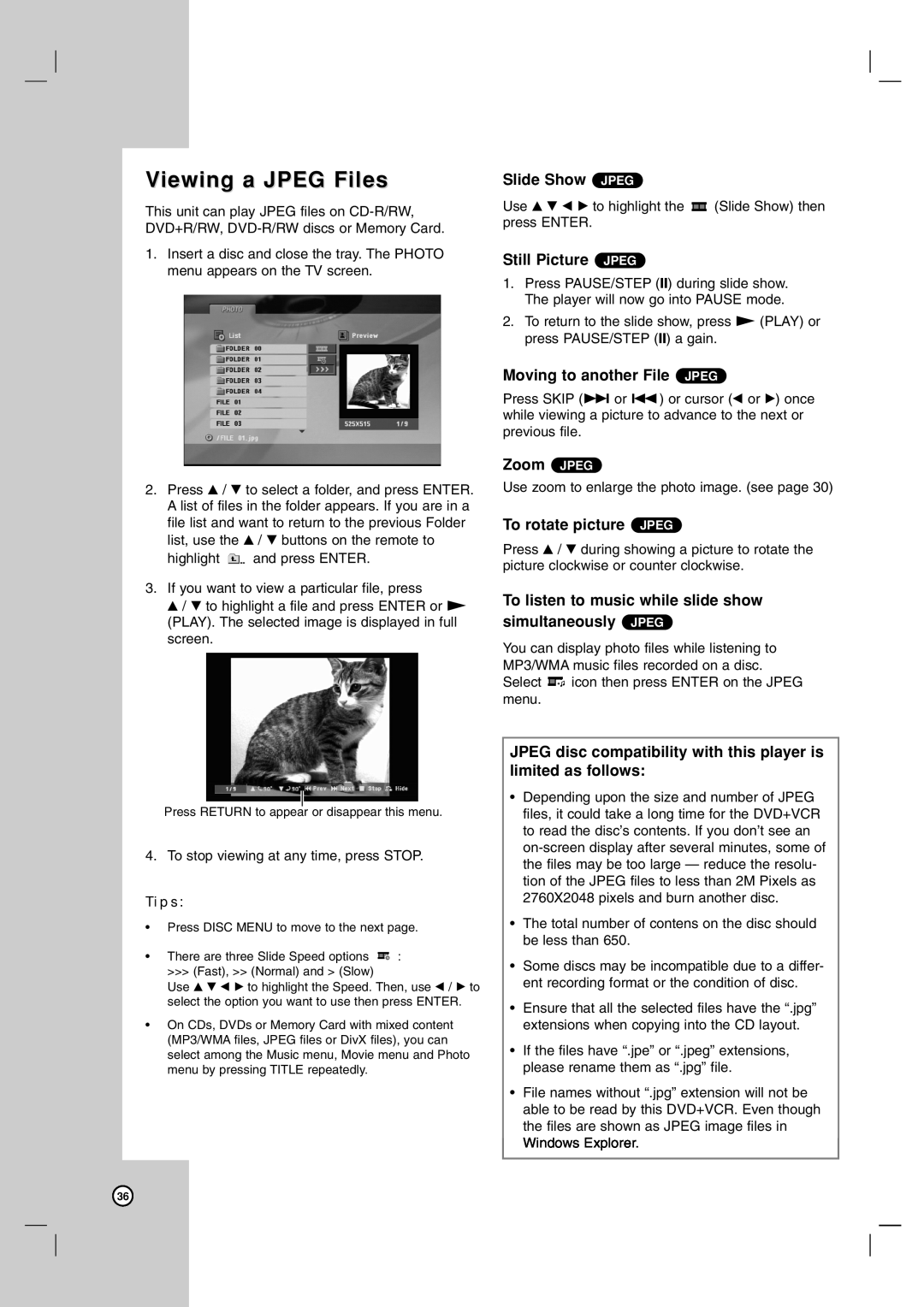 LG Electronics LDX-514 Viewing a JPEG Files, Slide Show JPEG, Still Picture JPEG, Moving to another File JPEG, Zoom JPEG 