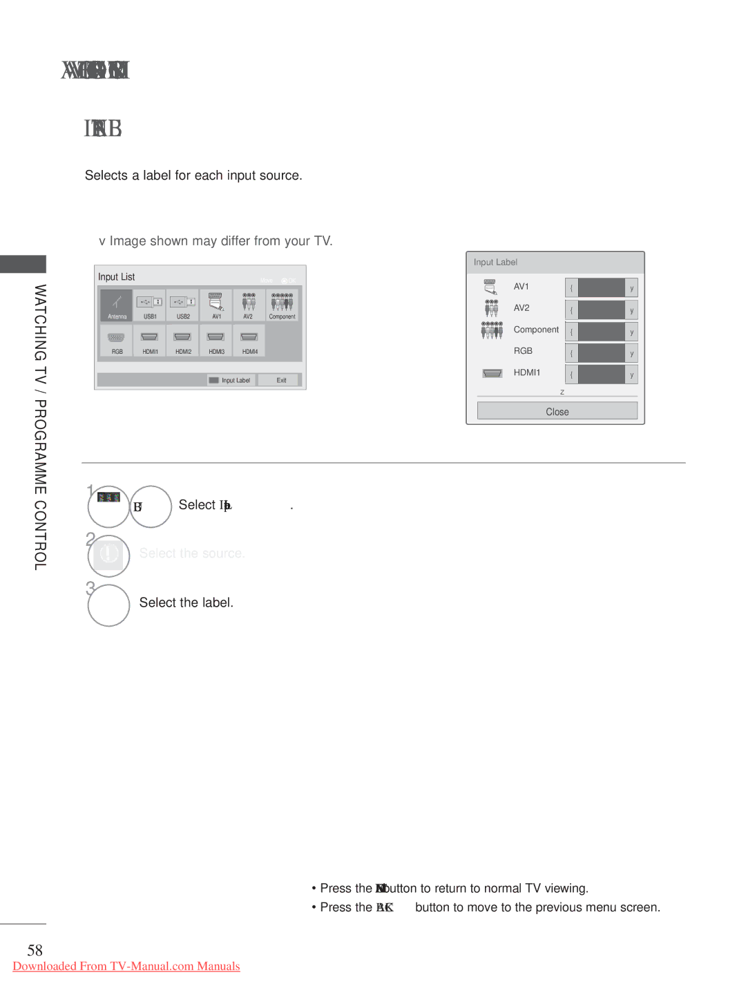 LG Electronics PLASMA TV Models : 50/60PK5**, 50/60PX9 Blue Select Input Label, Select the source Select the label 