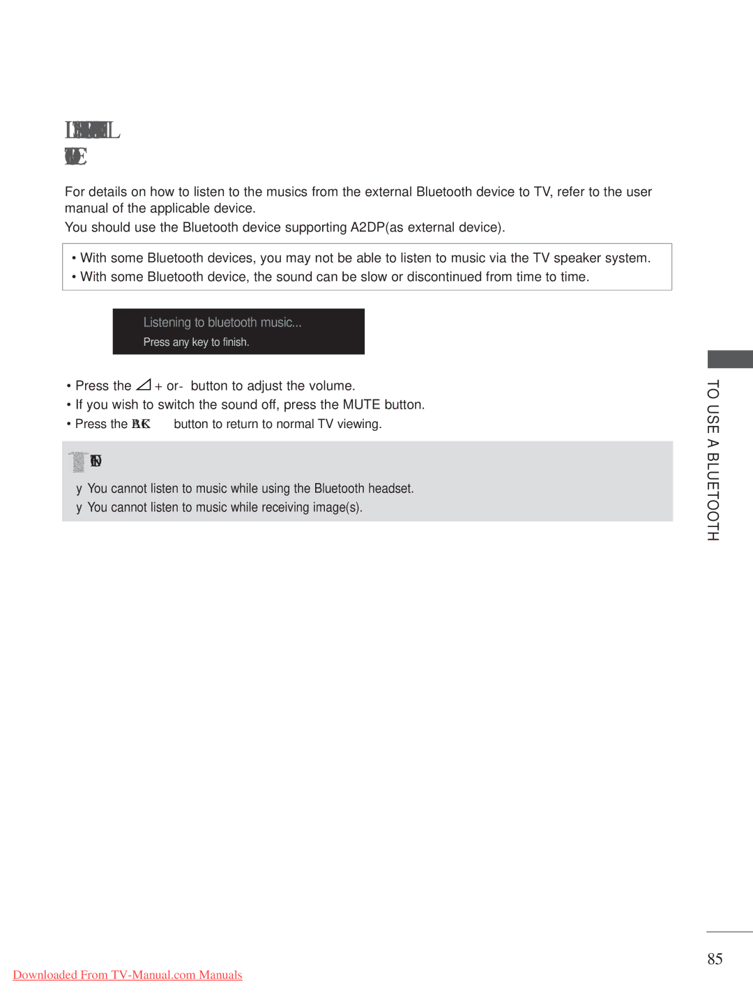 LG Electronics 50/60PK9***, 50/60PX9 Listening to the Musics from External Bluetooth Device, Listening to bluetooth music 