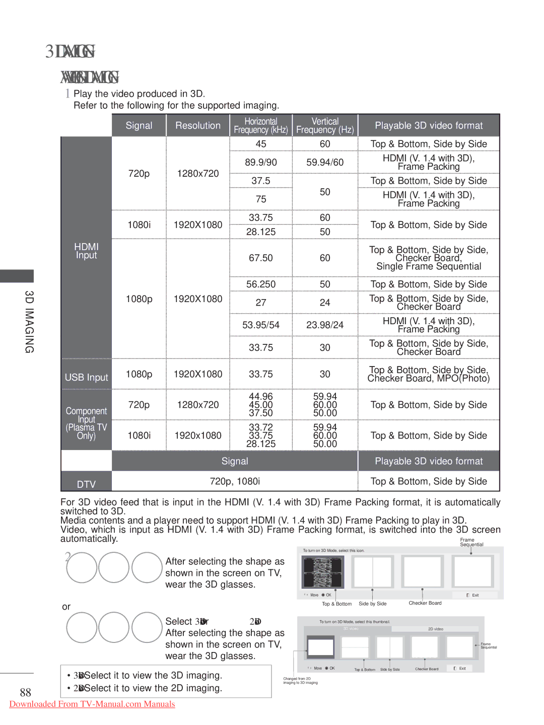 LG Electronics LED LCD TV Models : 32/37/42LE4***, 50/60PX9, 50/60PK7 Watching 3D Imaging, Select 3D video or 2D video 