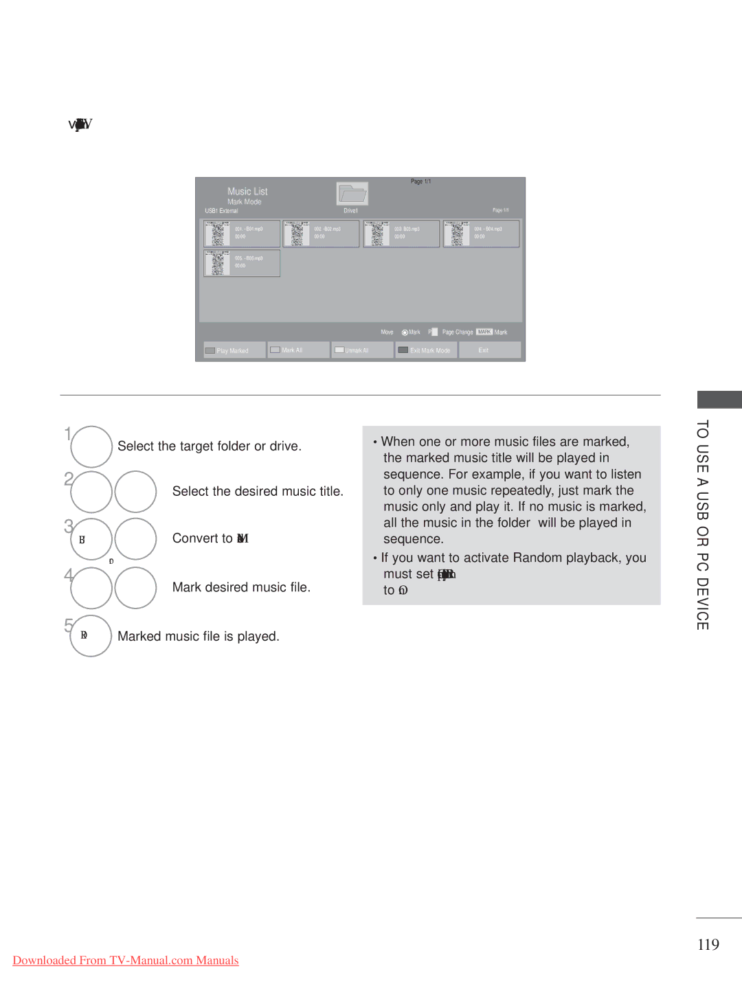 LG Electronics LED LCD TV Models : 32/37/42LE4***, 50/60PK7, 50/60PX9*** 119, When selected music files are played 