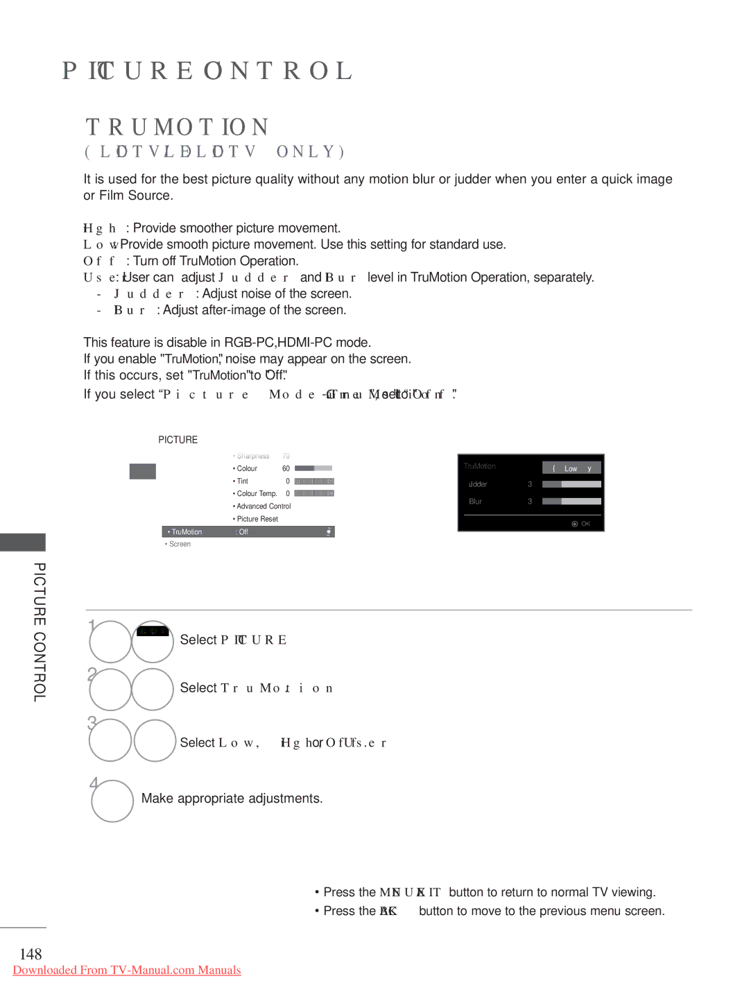 LG Electronics 50/60PK7***, 50/60PX9***, 42/47LX6 Trumotion, 148, Select TruMotion Select Low, High, User or Off 