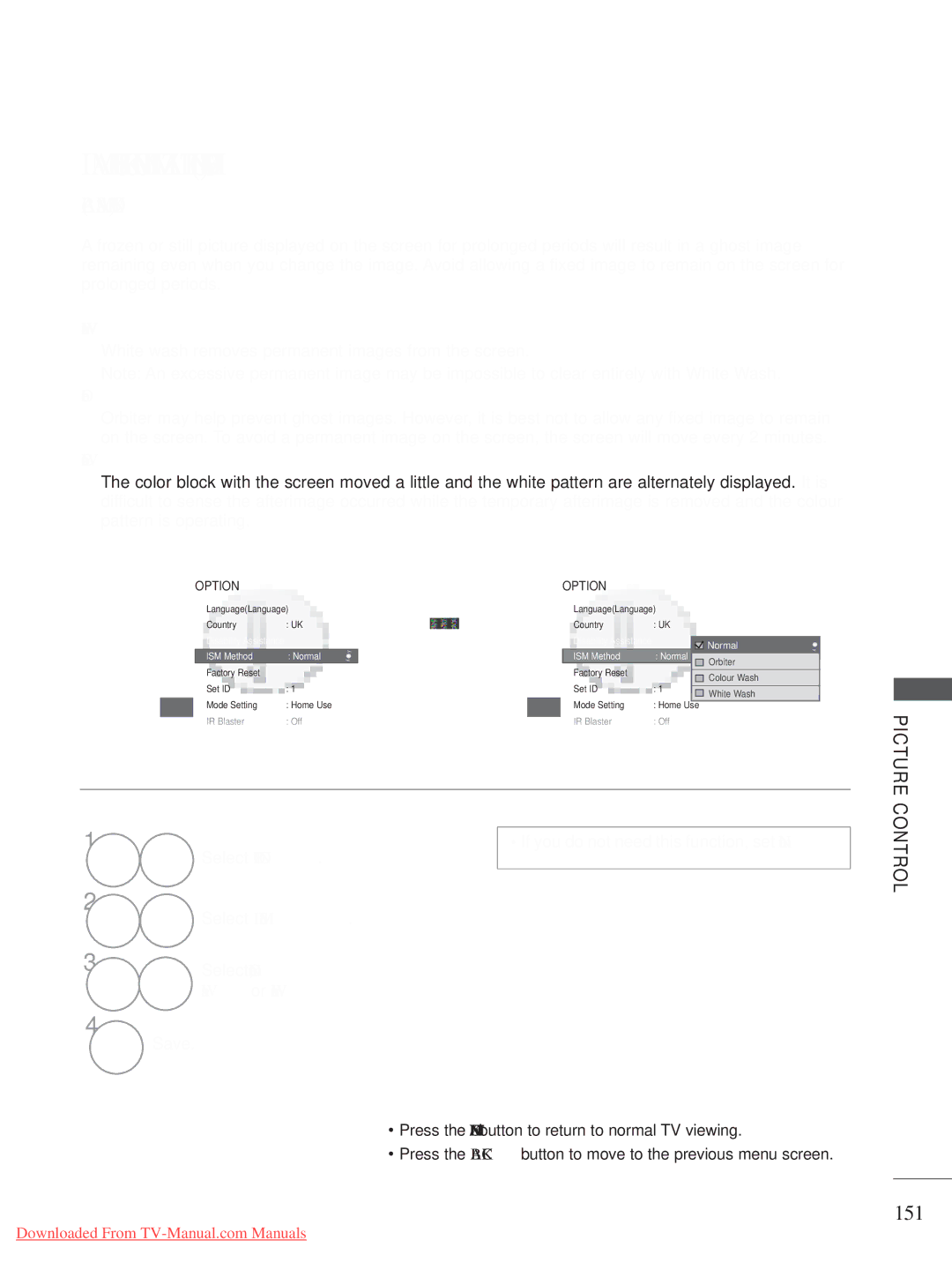 LG Electronics PLASMA TV Models : 50/60PK5** Image Sticking Minimization ISM Method, 151, White Wash, Orbiter, Colour Wash 