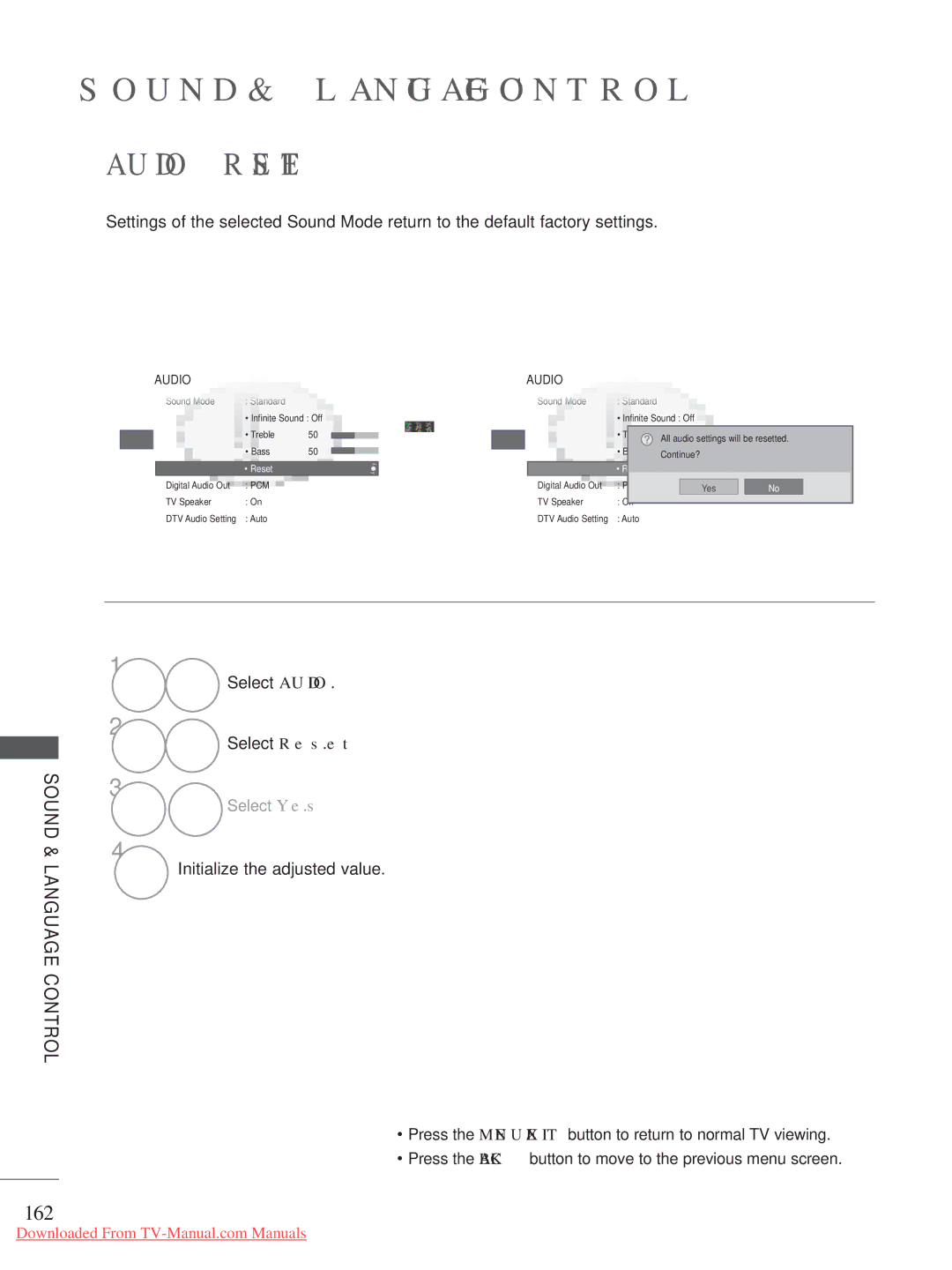 LG Electronics 32/42/47LD7, 50/60PK7, 50/60PX9***, 42/47LX6***, 42/47LE73** Audio Reset, 162, Select Audio Select Reset 