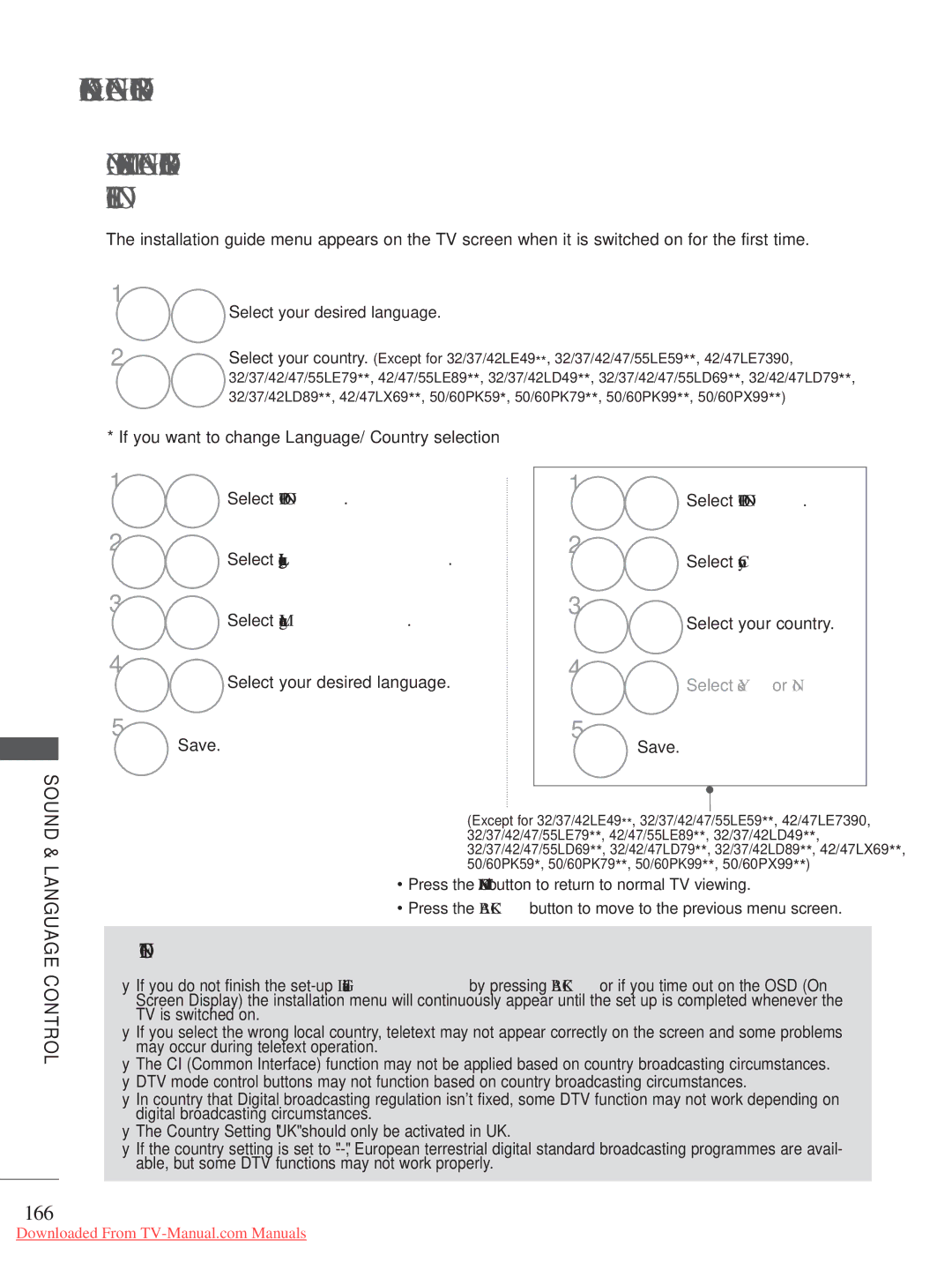 LG Electronics 32/37/42LD8 ON-SCREEN Menu Language / Country Selection, 166, Select LanguageLanguage Select Menu Language 