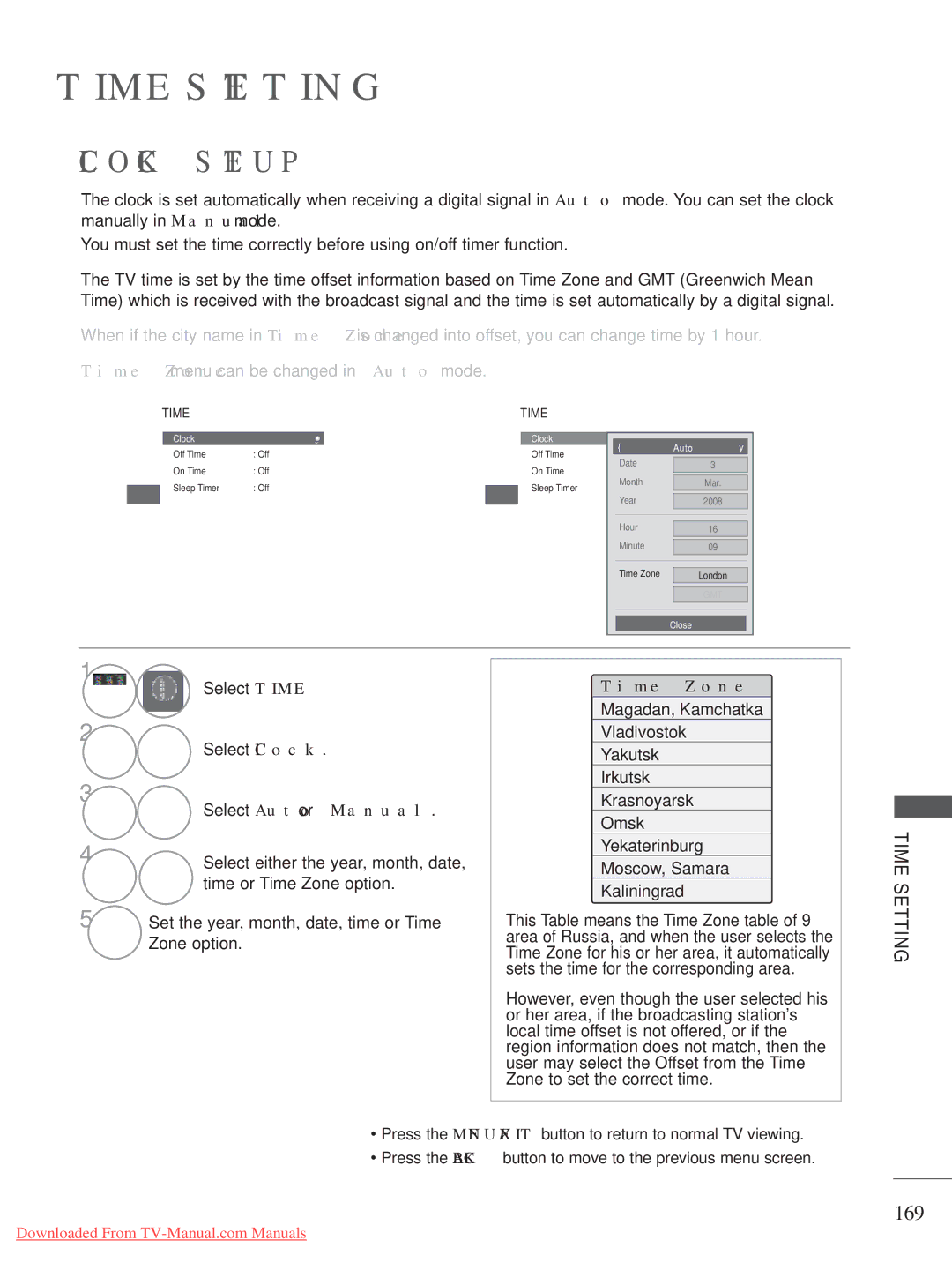 LG Electronics 32/37/42LD8***, 50/60PK7, 50/60PX9***, 42/47LX6 Clock Setup, 169, Select Time, Time Zone, Time Setting 